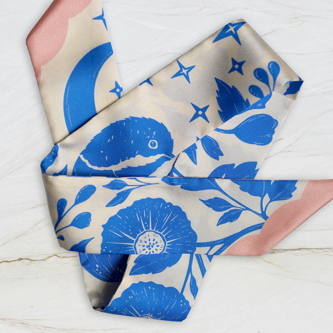 SKINNY SILK SCARF | Moonlit Blooms - 100% Silk, Versatile Floral Scarf and Bow Accessory 39" Length