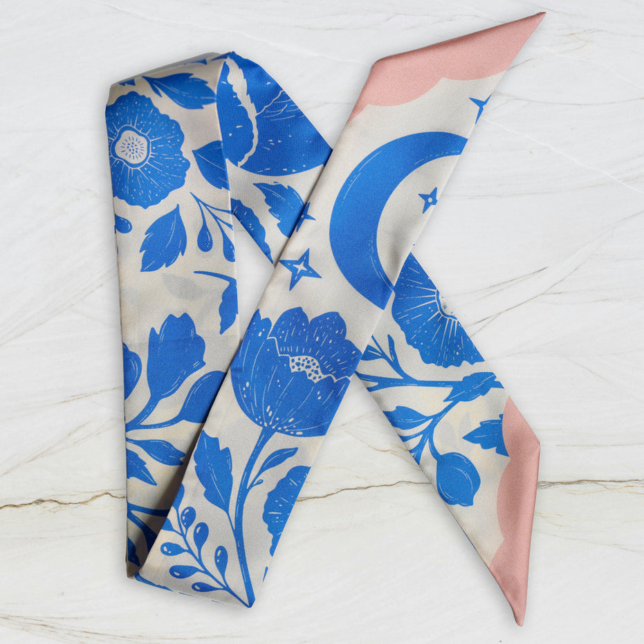 SKINNY SILK SCARF | Moonlit Blooms - 100% Silk, Versatile Floral Scarf and Bow Accessory 39" Length