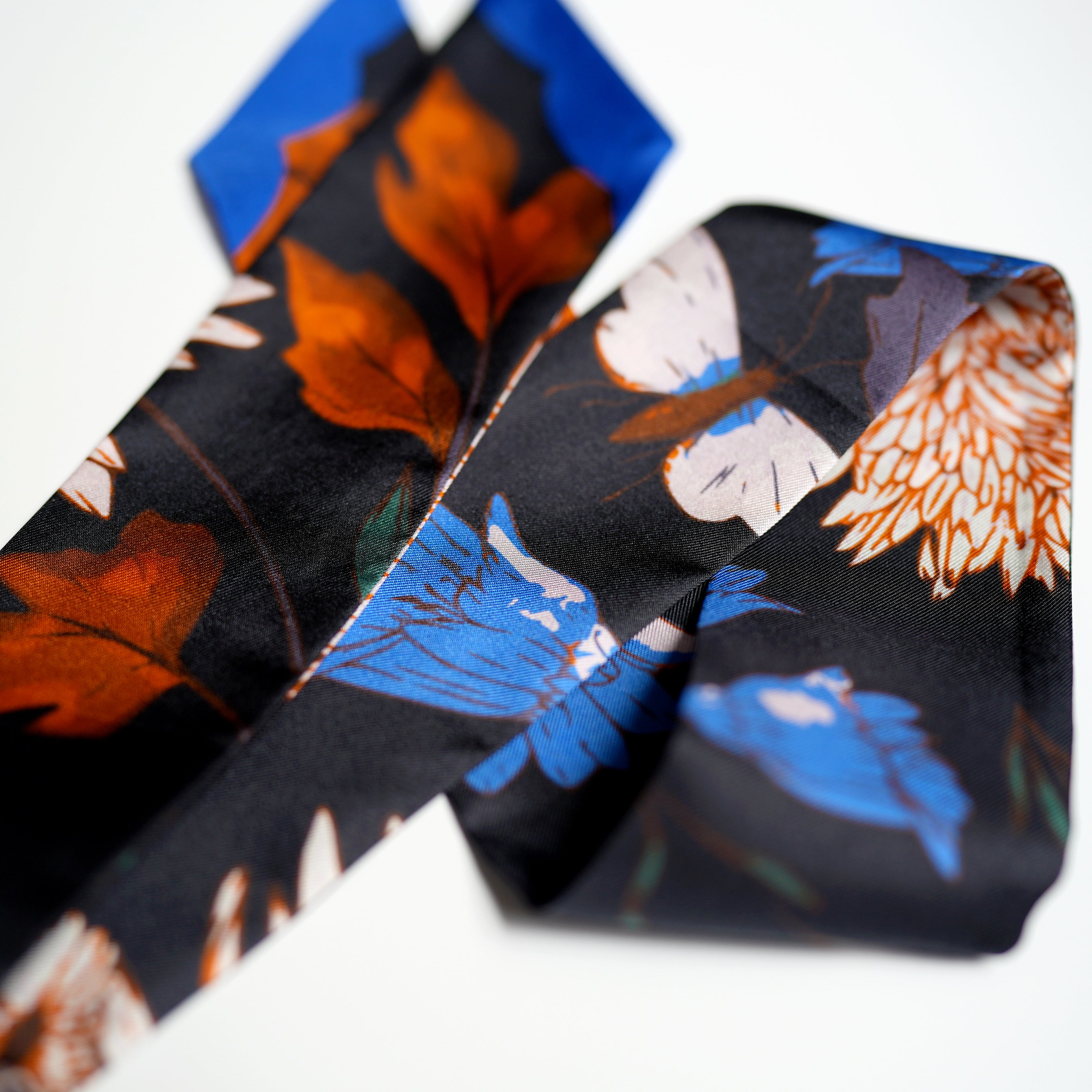 SKINNY SILK SCARF | Midnight Wildflower Garden - 100% Silk, Versatile Floral Scarf and Bow Accessory 39