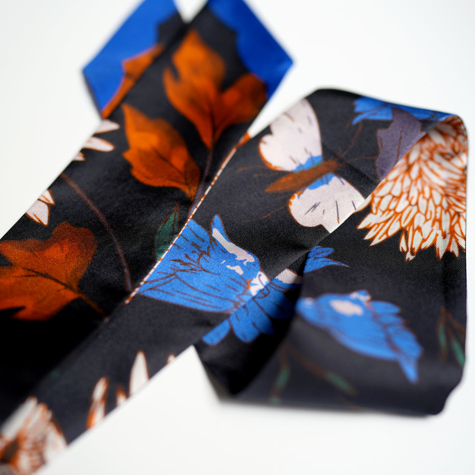 SKINNY SILK SCARF | Midnight Wildflower Garden - 100% Silk, Versatile Floral Scarf and Bow Accessory 39" Length
