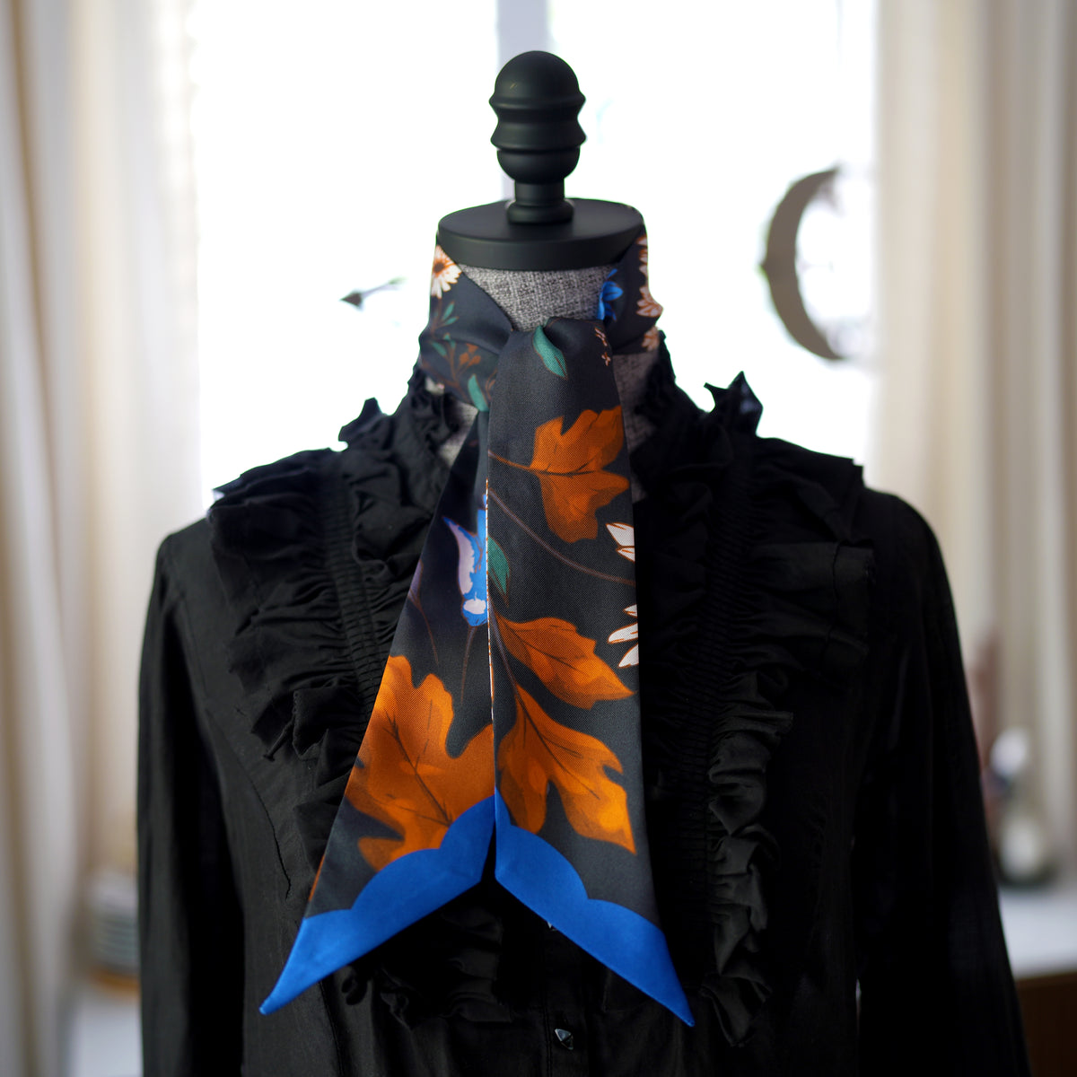SKINNY SILK SCARF | Midnight Wildflower Garden - 100% Silk, Versatile Floral Scarf and Bow Accessory 39