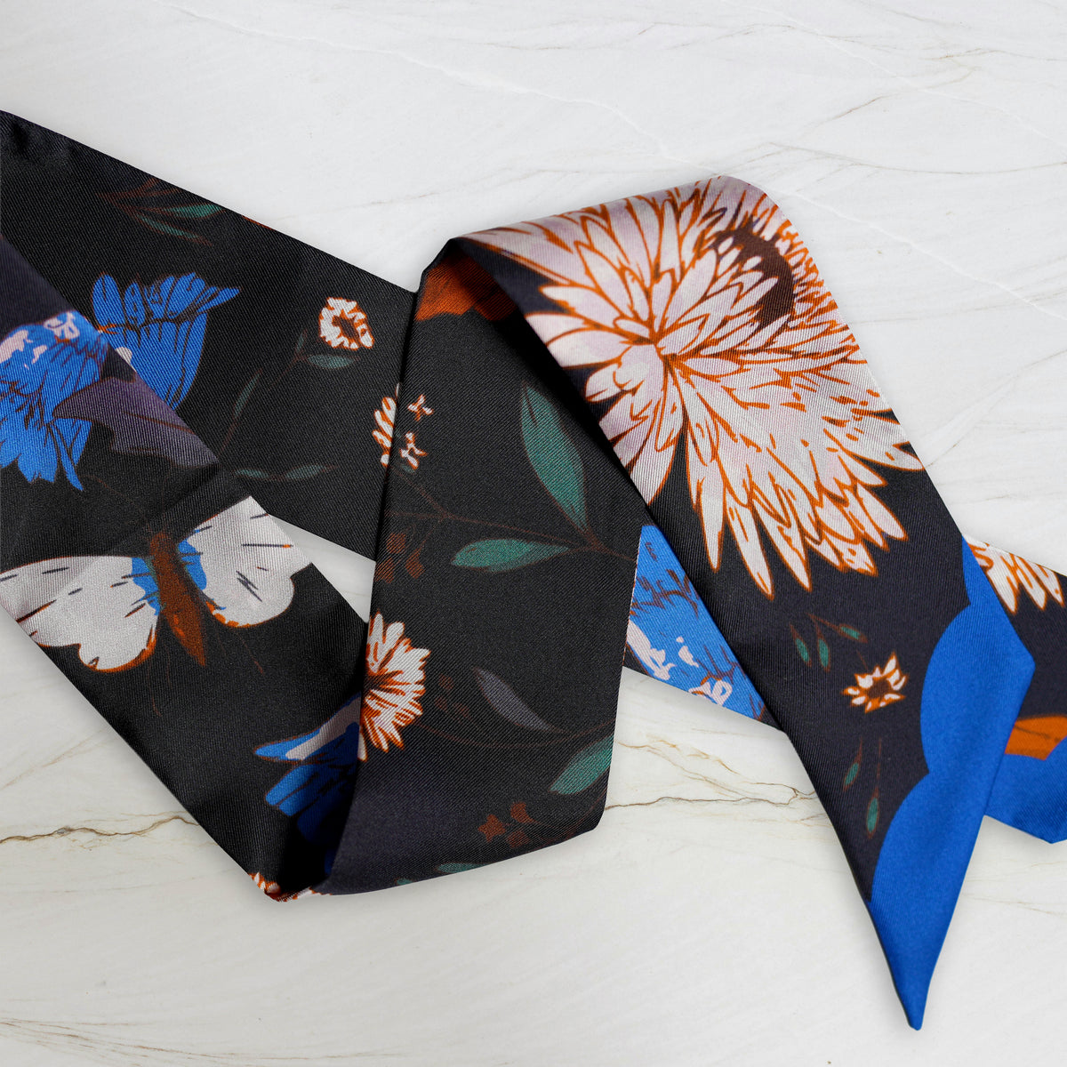 SKINNY SILK SCARF | Midnight Wildflower Garden - 100% Silk, Versatile Floral Scarf and Bow Accessory 39
