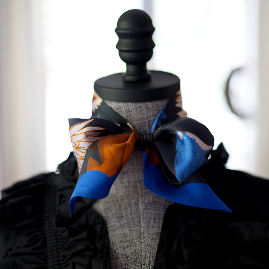 SKINNY SILK SCARF | Midnight Wildflower Garden - 100% Silk, Versatile Floral Scarf and Bow Accessory 39" Length