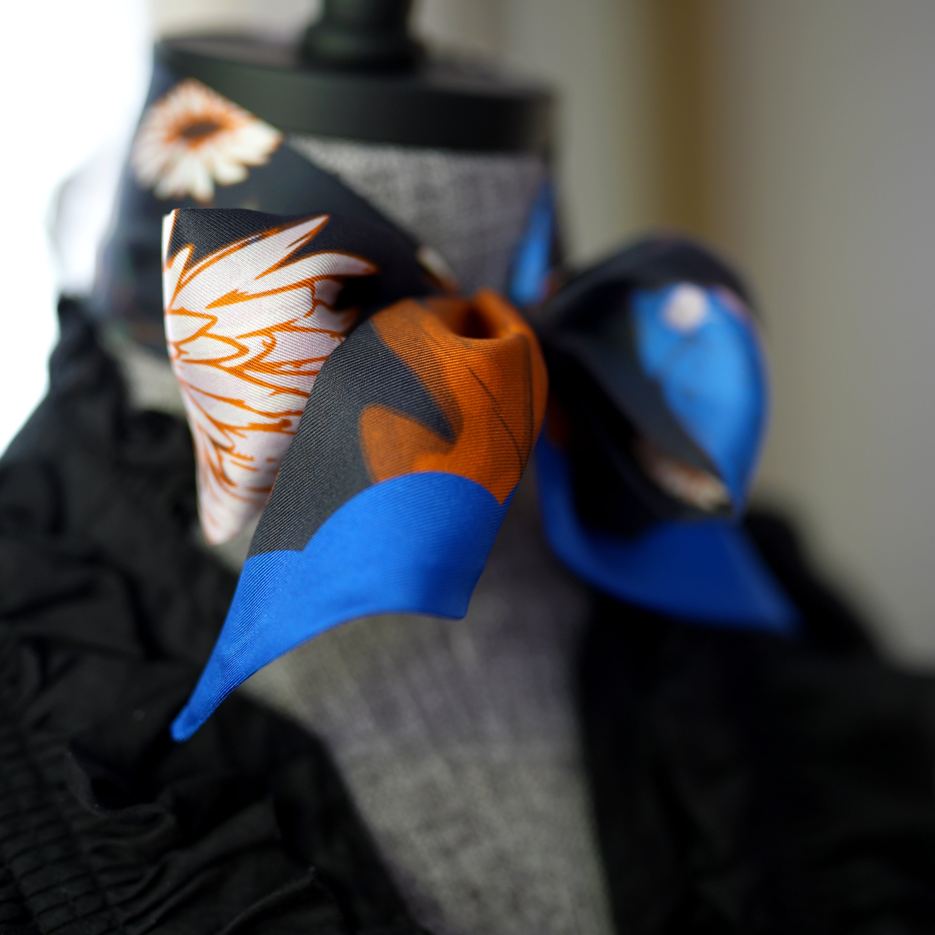 SKINNY SILK SCARF | Midnight Wildflower Garden - 100% Silk, Versatile Floral Scarf and Bow Accessory 39