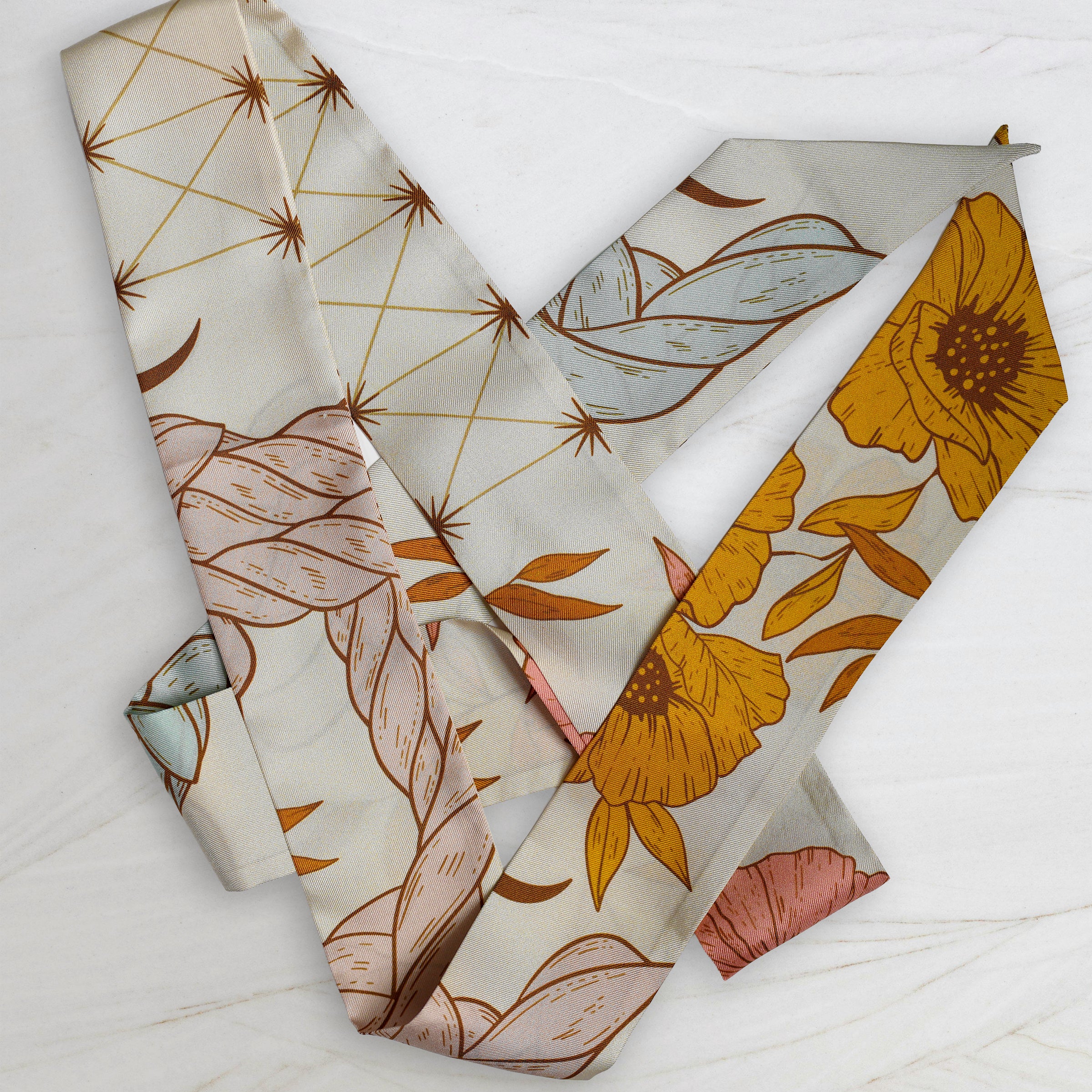 SKINNY SILK SCARF | Prairie Dawn - 100% Silk, Versatile Floral Scarf and Bow Accessory 65