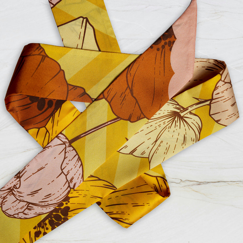 SKINNY SILK SCARF | Saffron Bloom - 100% Silk, Versatile Floral Scarf and Bow Accessory 65" Length