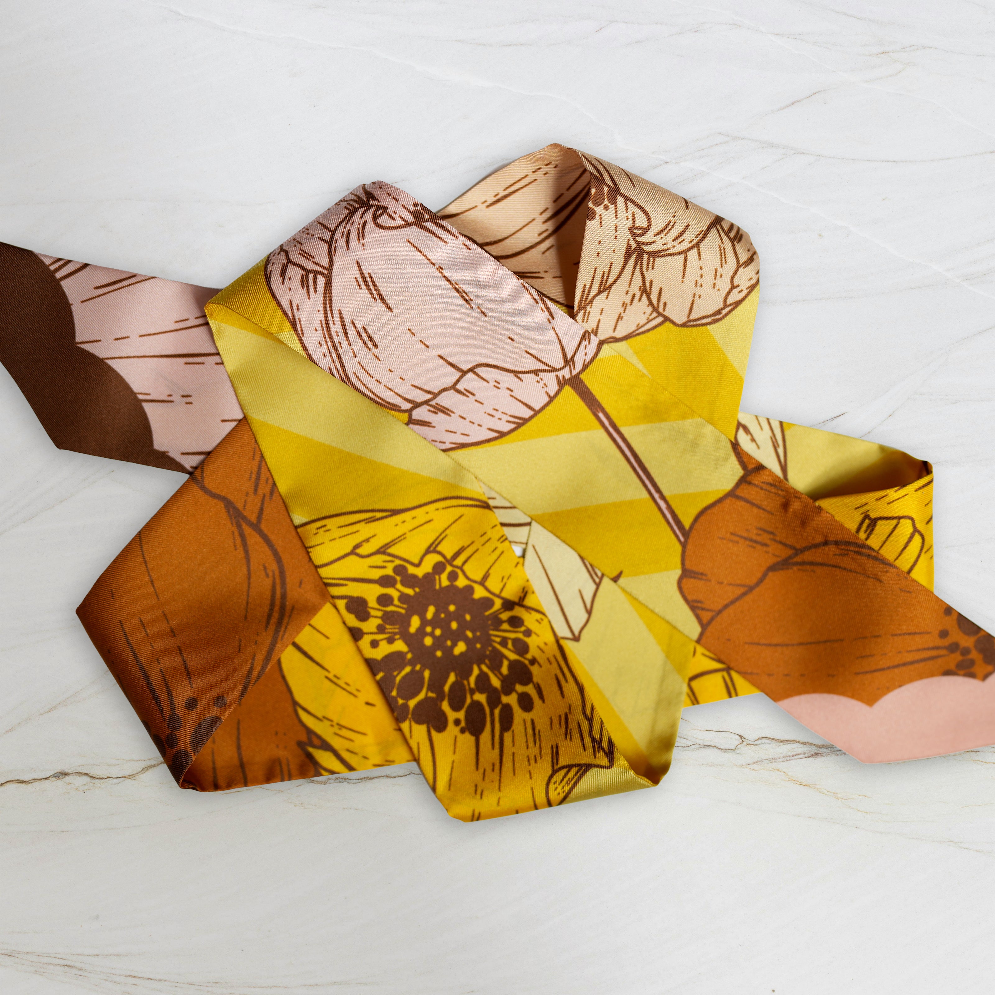 SKINNY SILK SCARF | Saffron Bloom - 100% Silk, Versatile Floral Scarf and Bow Accessory 65