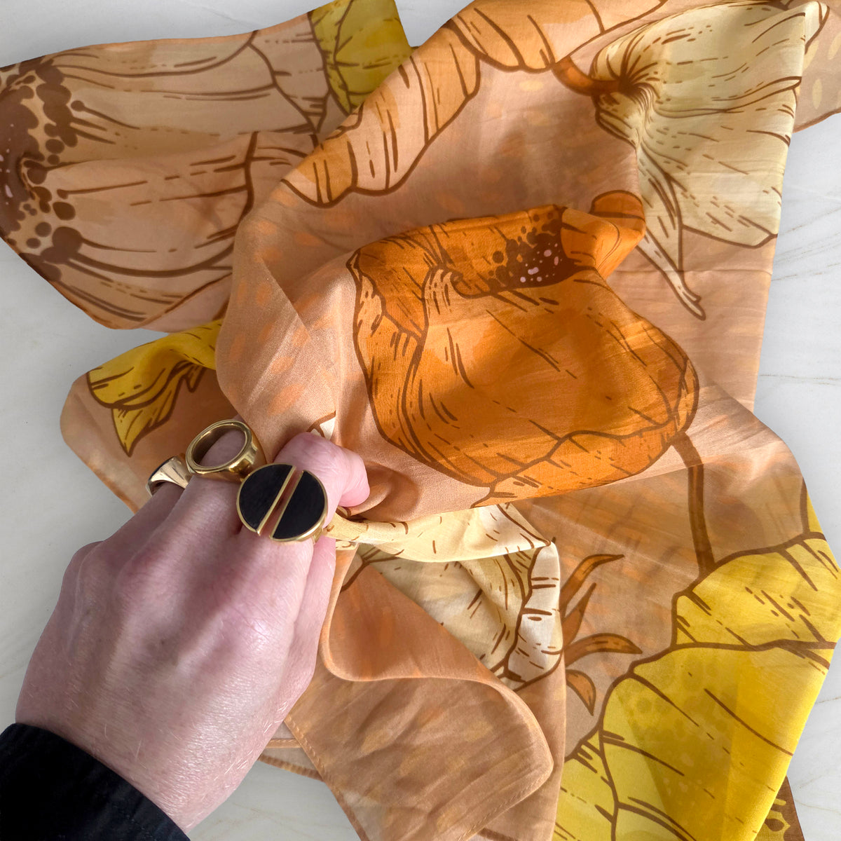 SILK COTTON SCARF | Burnished Bloom - Versatile Floral Square Scarf and Bow Accessory