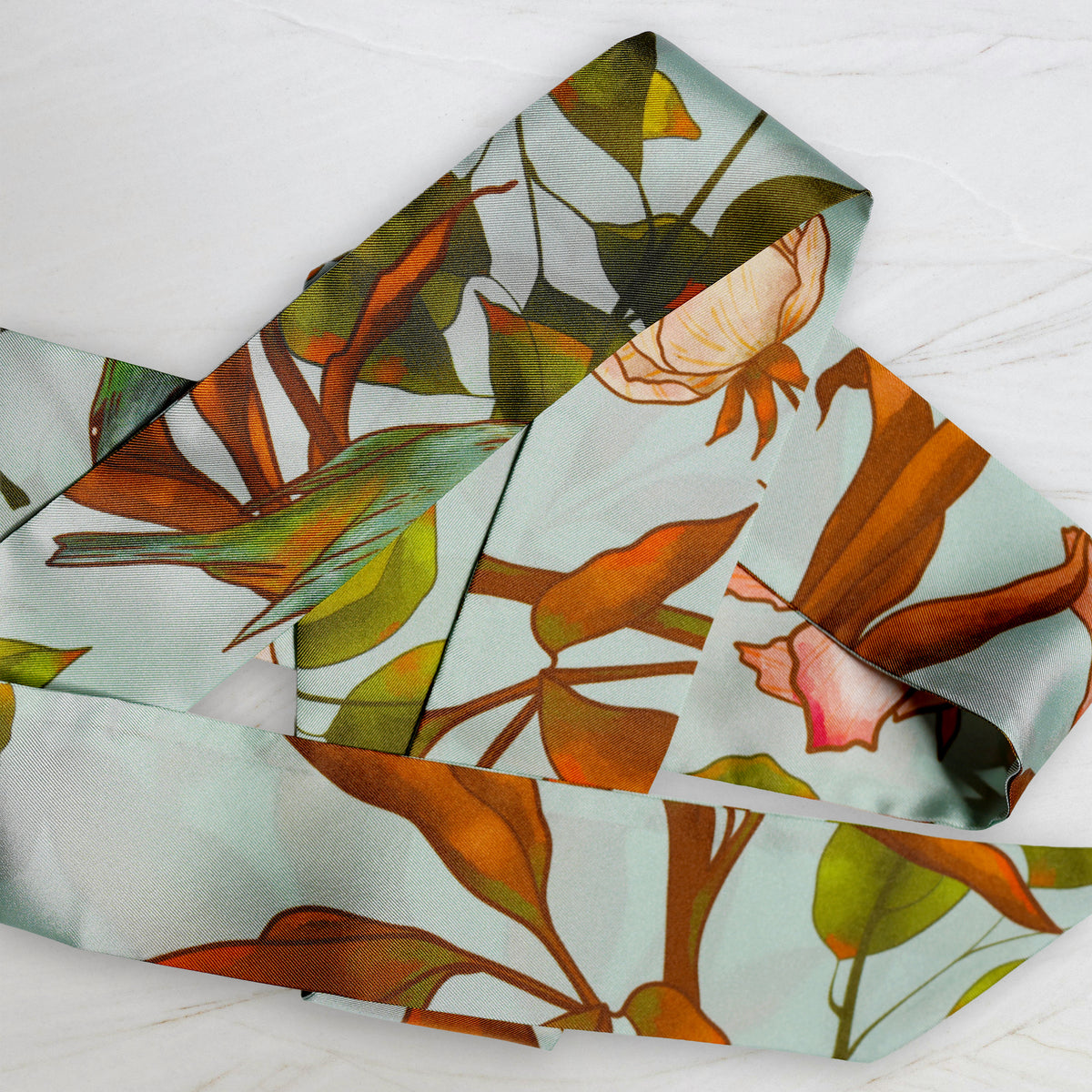 SKINNY SILK SCARF | Woodland Sky - 100% Silk, Versatile Floral Scarf and Bow Accessory 65