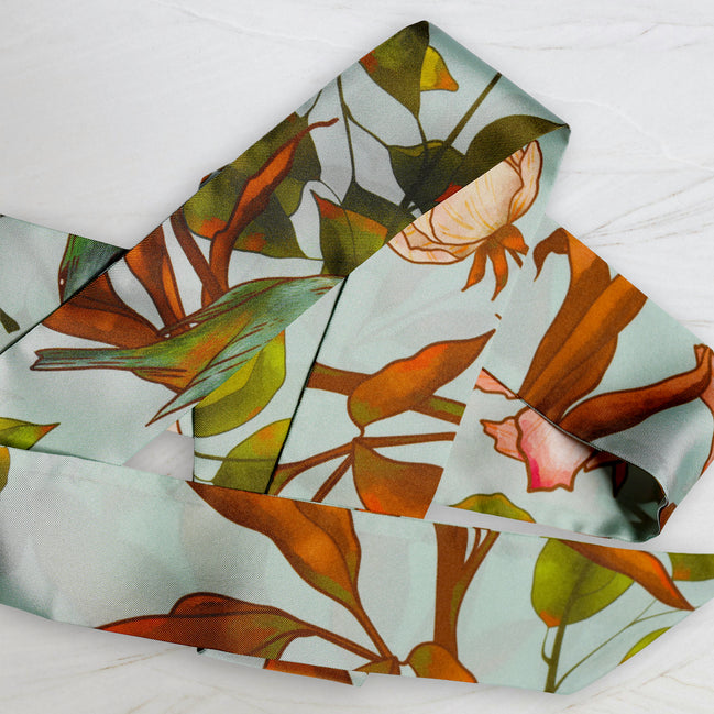 SKINNY SILK SCARF | Woodland Sky - 100% Silk, Versatile Floral Scarf and Bow Accessory 65" Length