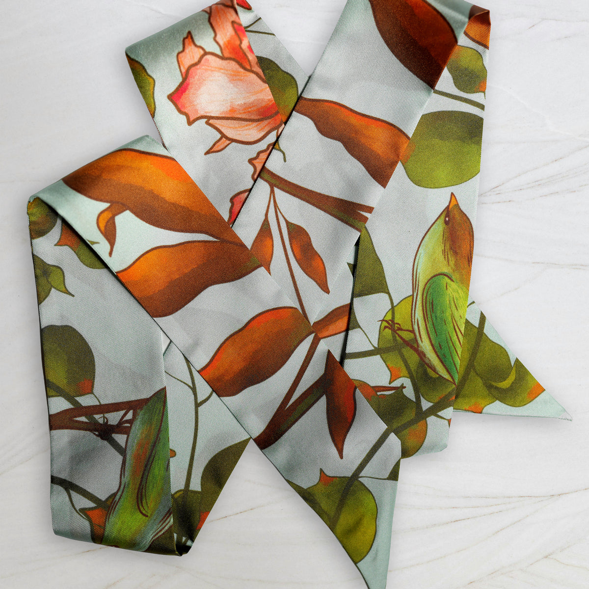 SKINNY SILK SCARF | Woodland Sky - 100% Silk, Versatile Floral Scarf and Bow Accessory 65