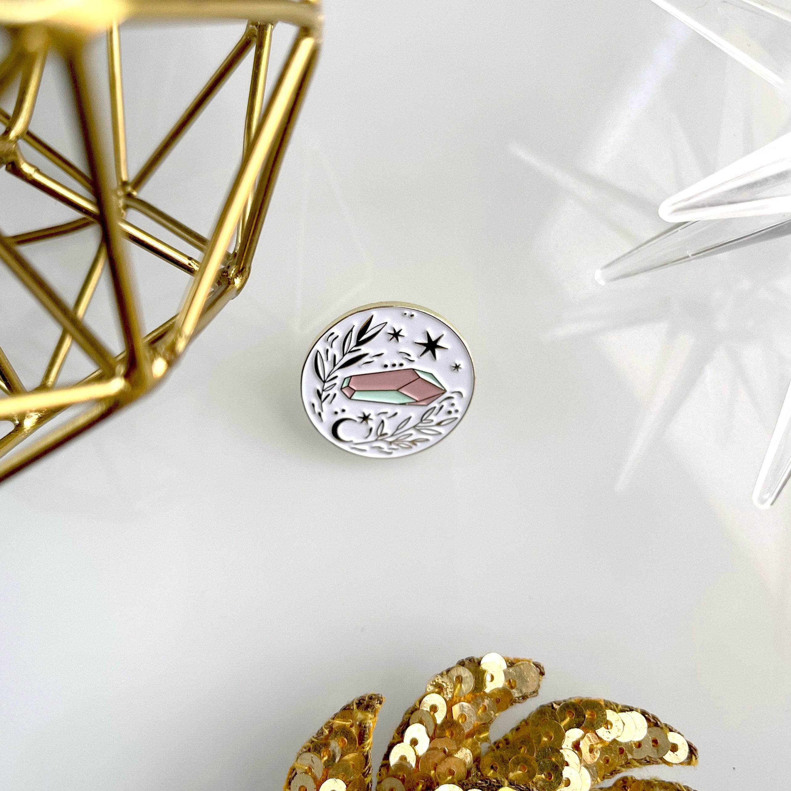 Crystal Power Soft Enamel Pin, crystal and floral lapel pin white and pink crystal pin magical crystal and floral soft enamel pin