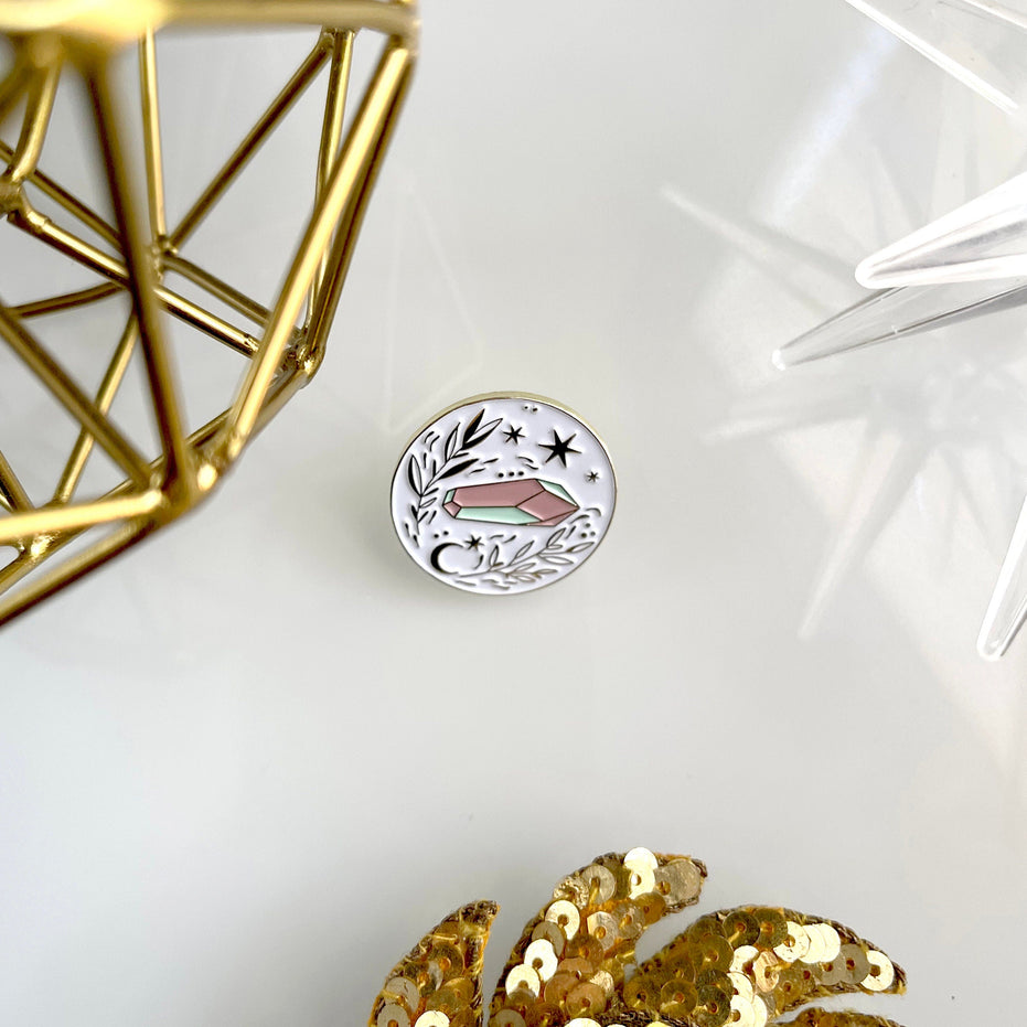 Crystal Power Soft Enamel Pin, crystal and floral lapel pin white and pink crystal pin magical crystal and floral soft enamel pin