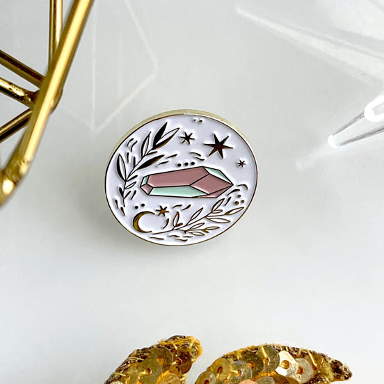 Crystal Power Soft Enamel Pin, crystal and floral lapel pin white and pink crystal pin magical crystal and floral soft enamel pin