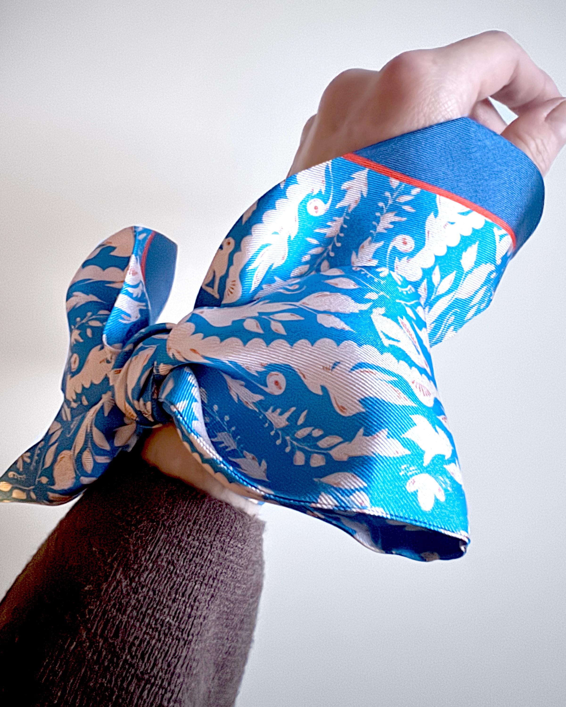 SKINNY SILK SCARF | Bunny Glen Blue - 100% Pure Mulberry Silk, Versatile Floral Scarf and Bow Accessory 39