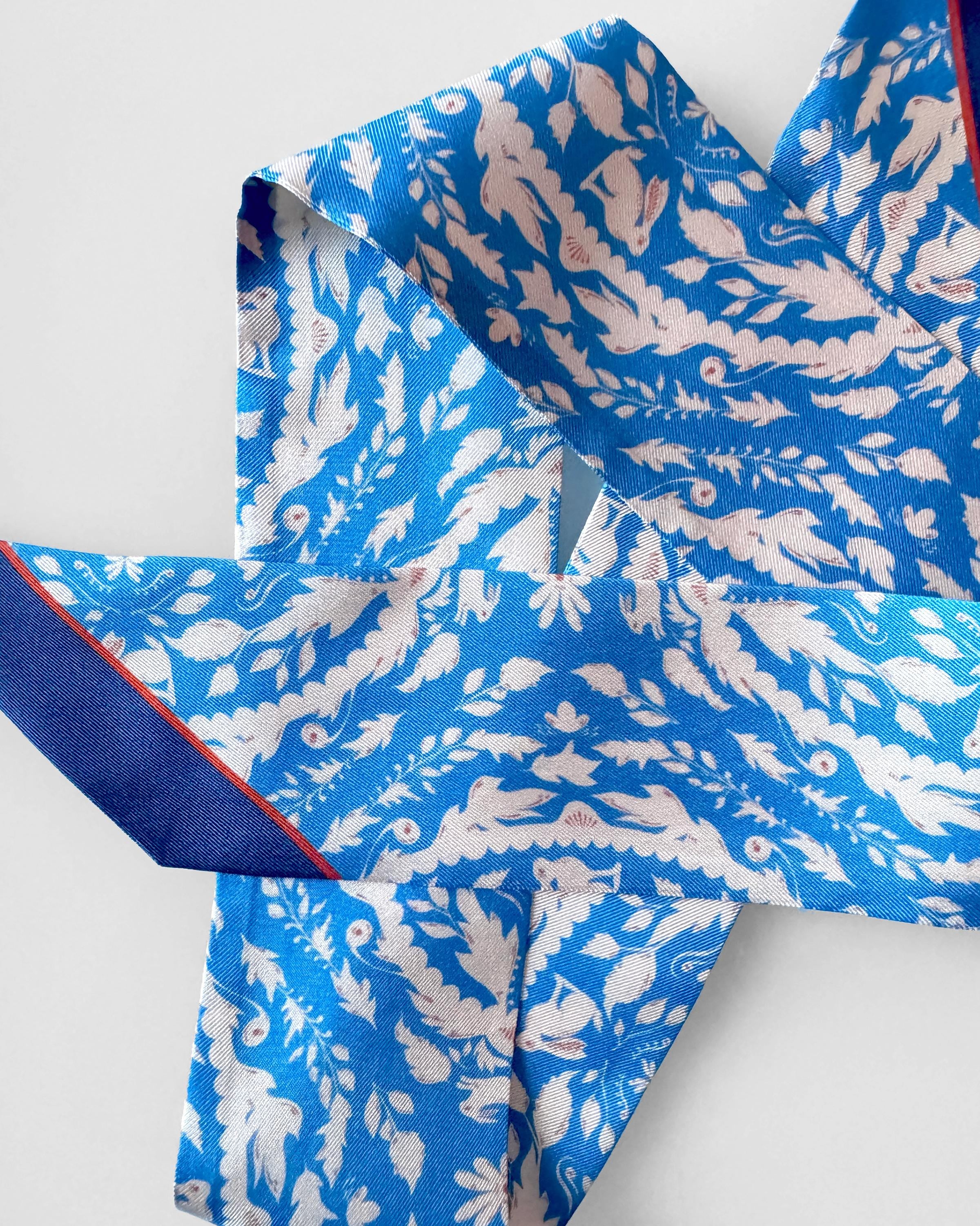 SKINNY SILK SCARF | Bunny Glen Blue - 100% Pure Mulberry Silk, Versatile Floral Scarf and Bow Accessory 39