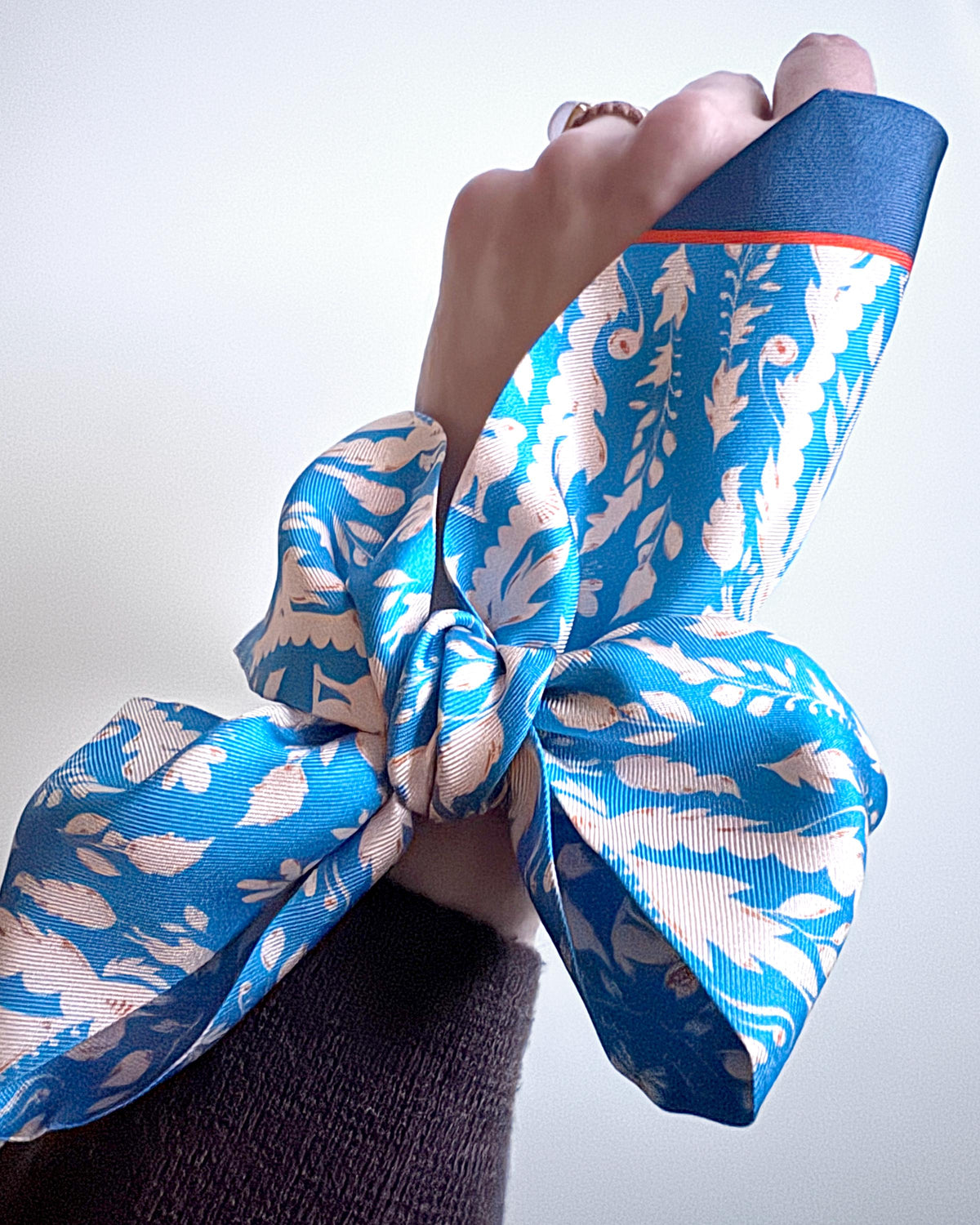 SKINNY SILK SCARF | Bunny Glen Blue - 100% Pure Mulberry Silk, Versatile Floral Scarf and Bow Accessory 39