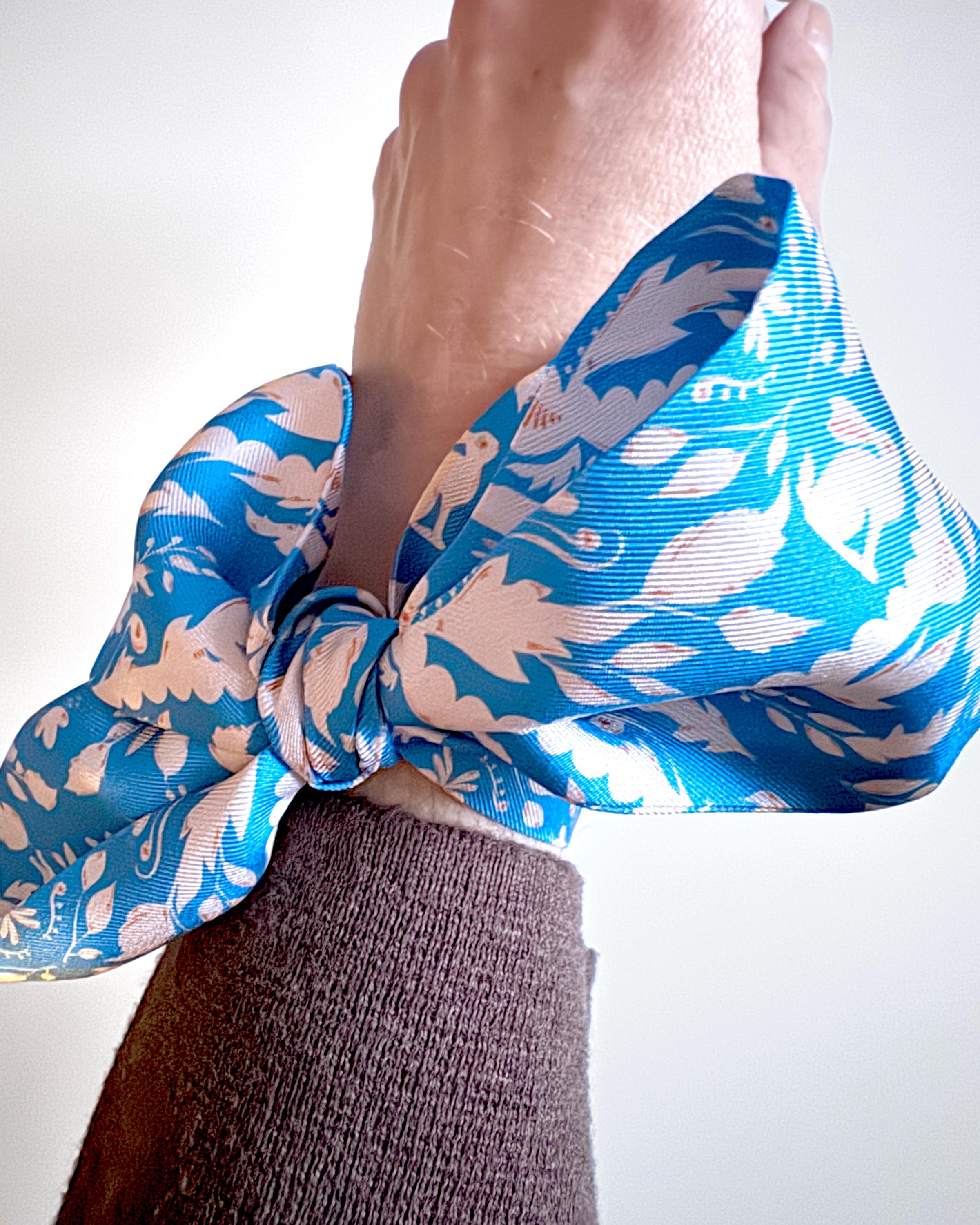 SKINNY SILK SCARF | Bunny Glen Blue - 100% Pure Mulberry Silk, Versatile Floral Scarf and Bow Accessory 39
