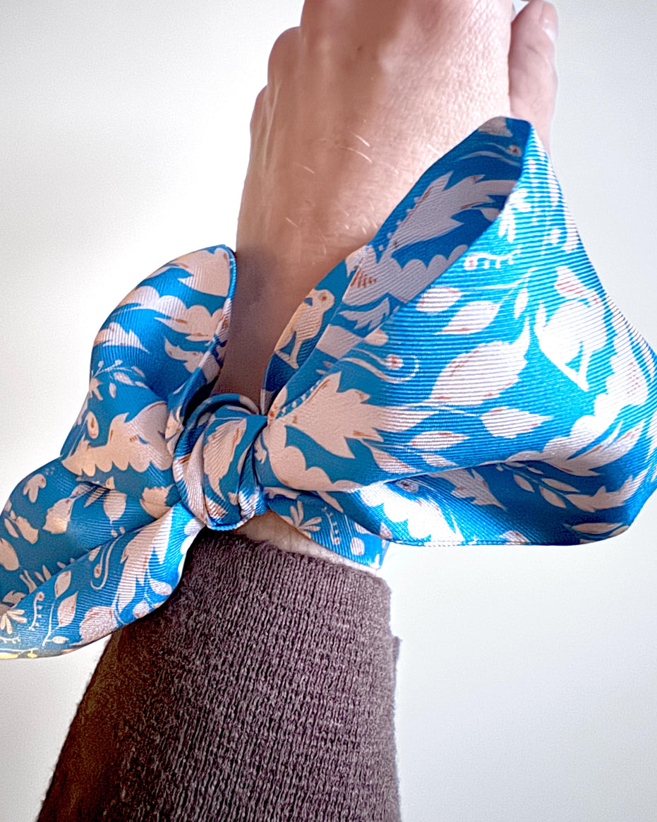 SKINNY SILK SCARF | Bunny Glen Blue - 100% Pure Mulberry Silk, Versatile Floral Scarf and Bow Accessory 39" Length