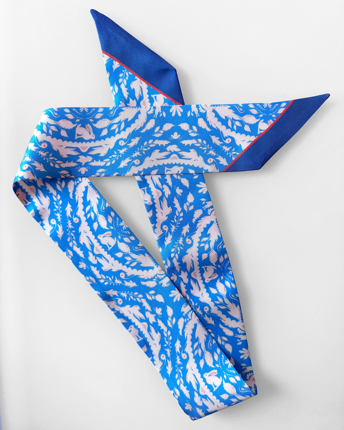 SKINNY SILK SCARF | Bunny Glen Blue - 100% Pure Mulberry Silk, Versatile Floral Scarf and Bow Accessory 39