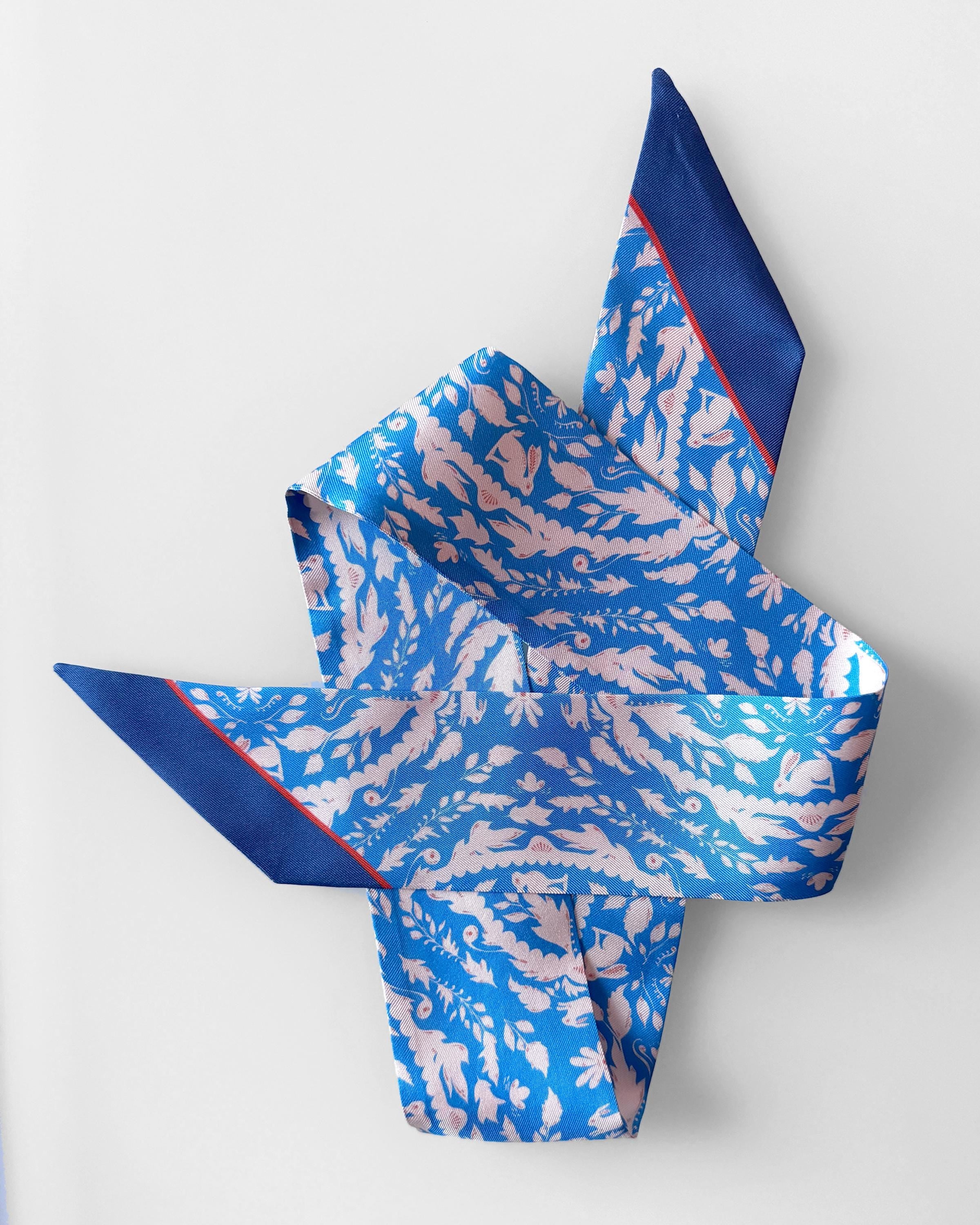 SKINNY SILK SCARF | Bunny Glen Blue - 100% Pure Mulberry Silk, Versatile Floral Scarf and Bow Accessory 39