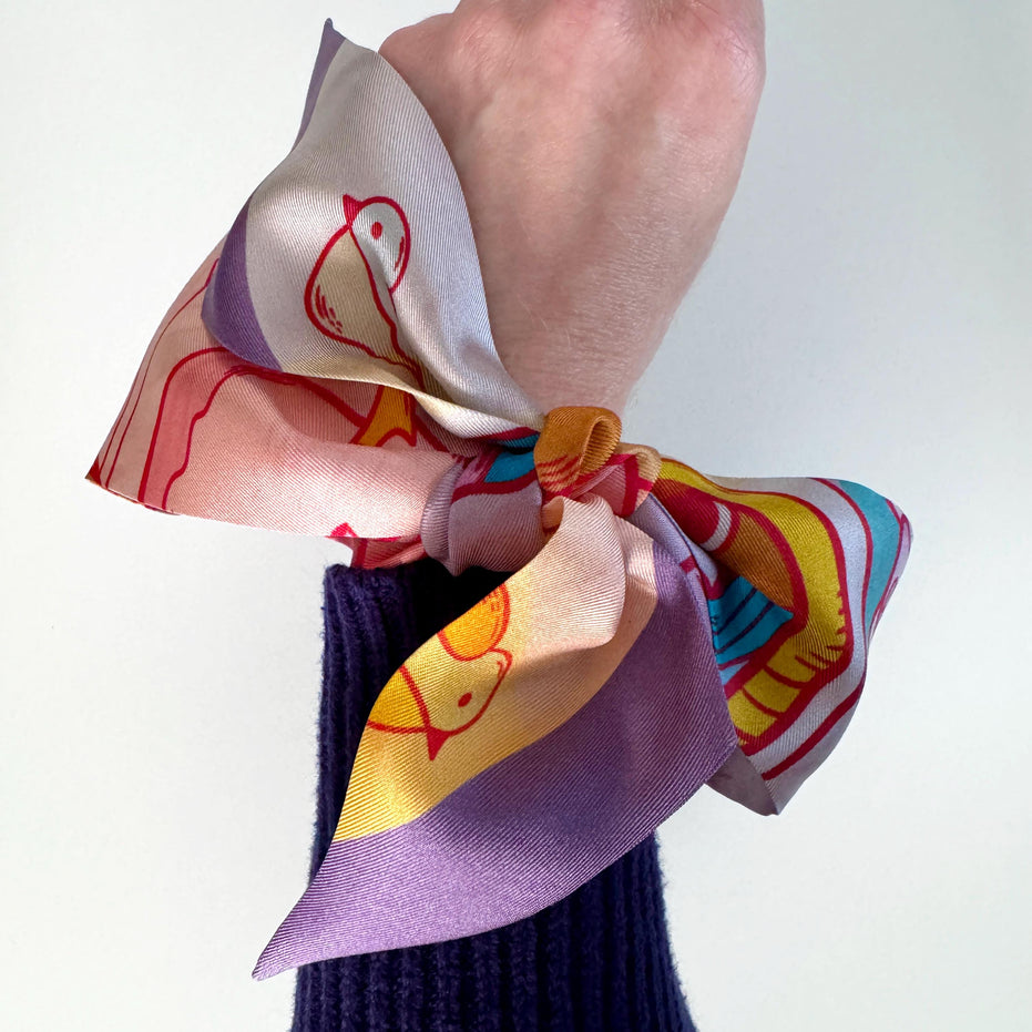 SKINNY SILK SCARF | Rainbow Birdies - 100% Silk, Versatile Floral Scarf and Bow Accessory