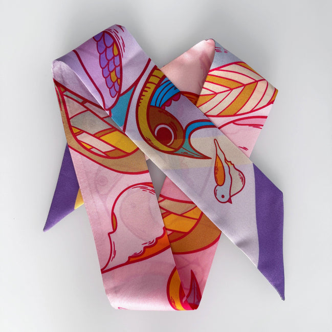 SKINNY SILK SCARF | Rainbow Birdies - 100% Silk, Versatile Floral Scarf and Bow Accessory