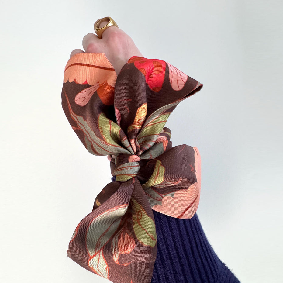 SKINNY SILK SCARF | Lady Bug Fleur - 100% Silk, Versatile Floral Scarf and Bow Accessory