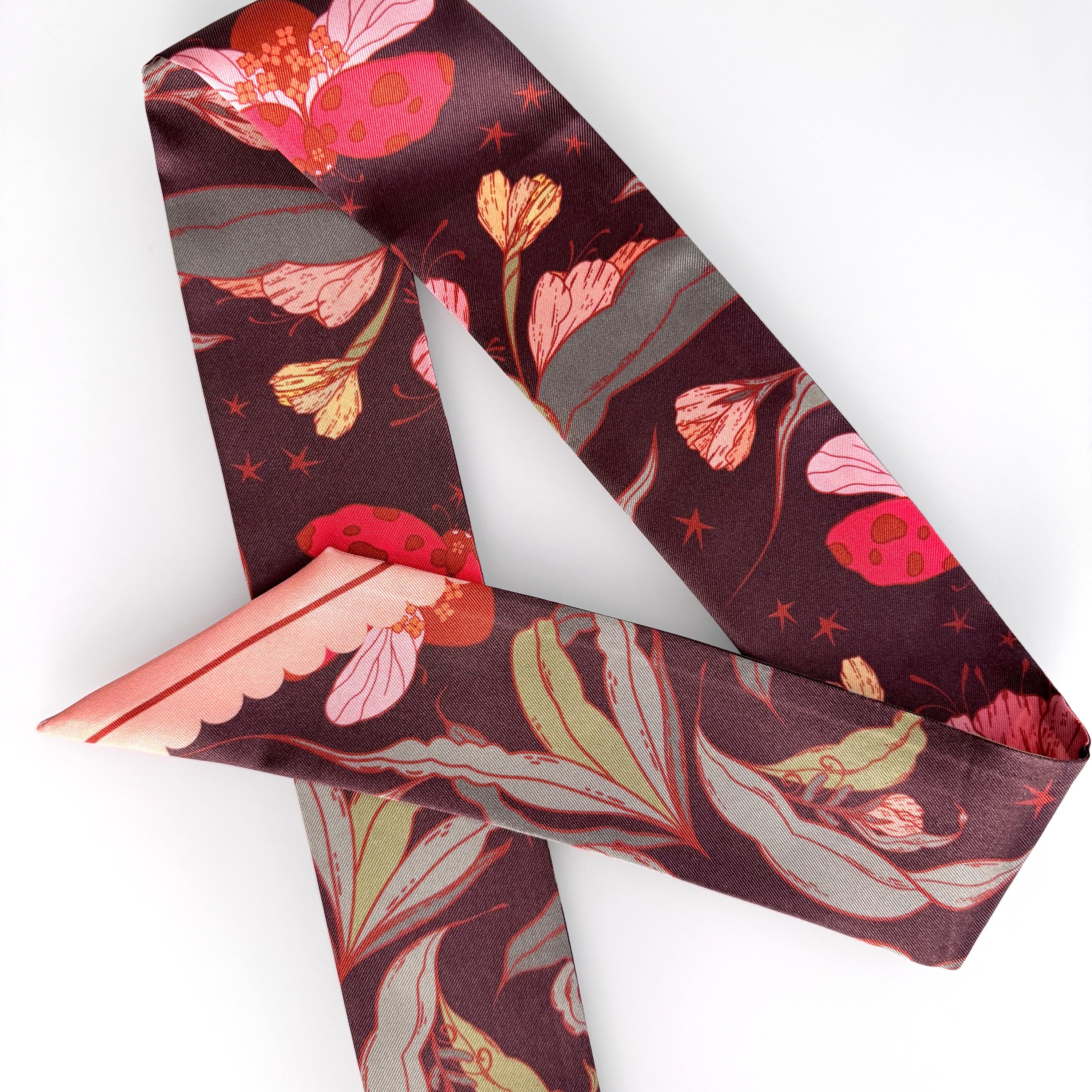 SKINNY SILK SCARF | Lady Bug Fleur - 100% Silk, Versatile Floral Scarf and Bow Accessory