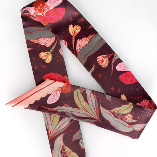SKINNY SILK SCARF | Lady Bug Fleur - 100% Silk, Versatile Floral Scarf and Bow Accessory