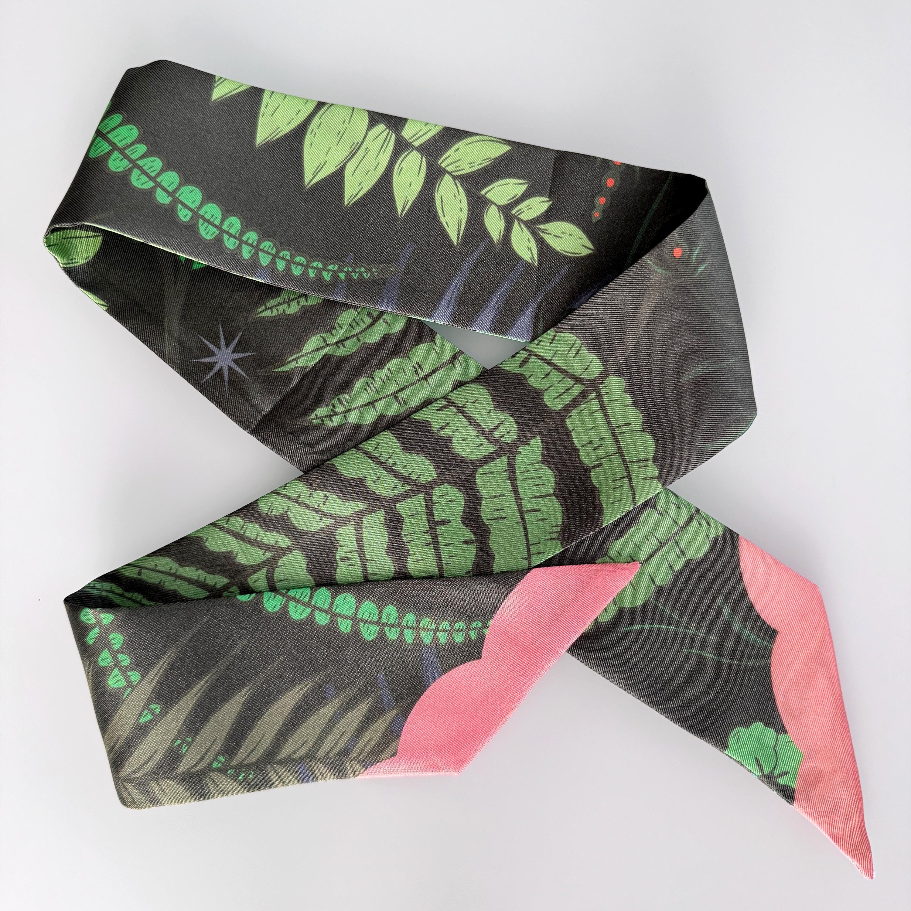 SKINNY SILK SCARF | Gentle Fern - 100% Silk, Versatile Floral Scarf and Bow Accessory