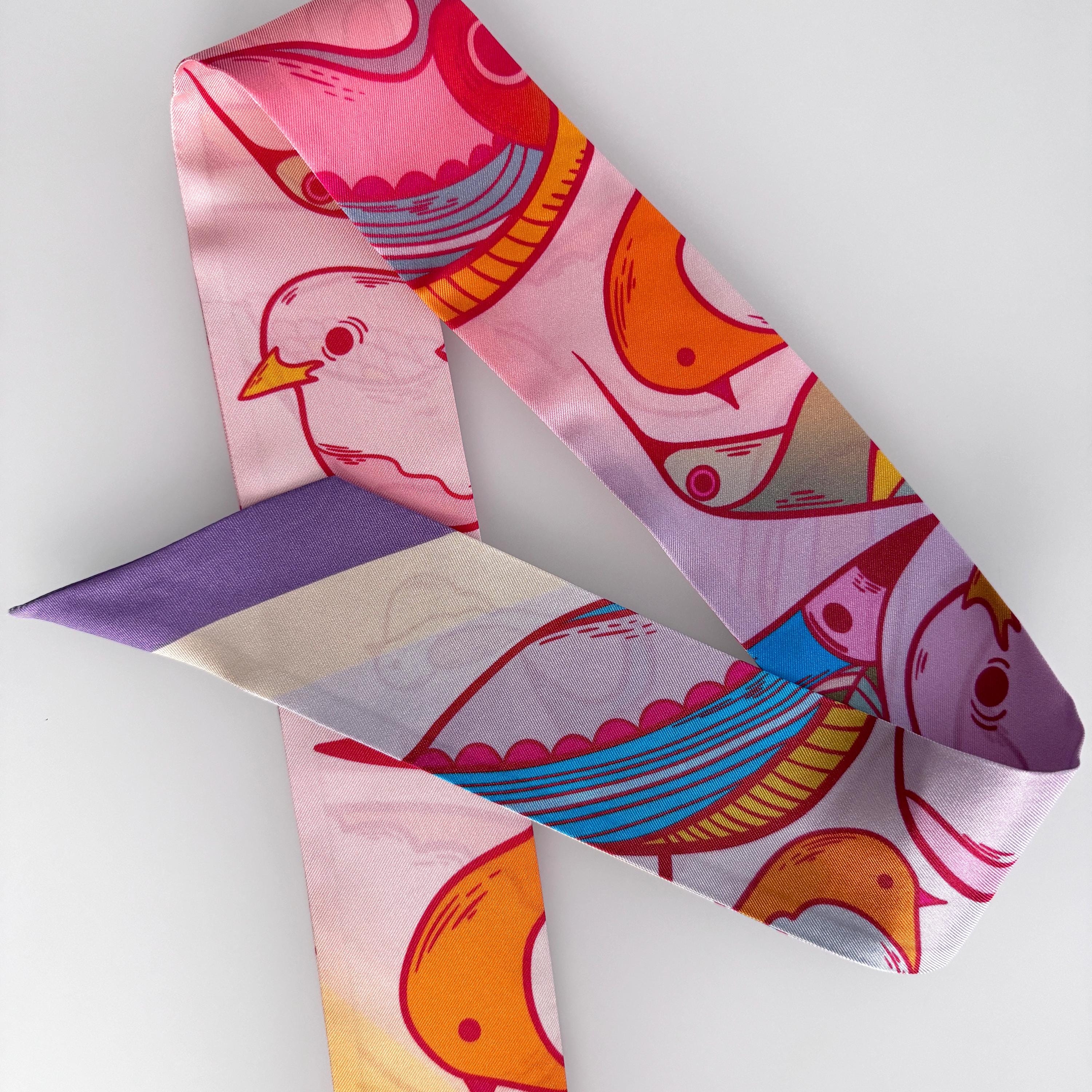 SKINNY SILK SCARF | Rainbow Birdies - 100% Silk, Versatile Floral Scarf and Bow Accessory