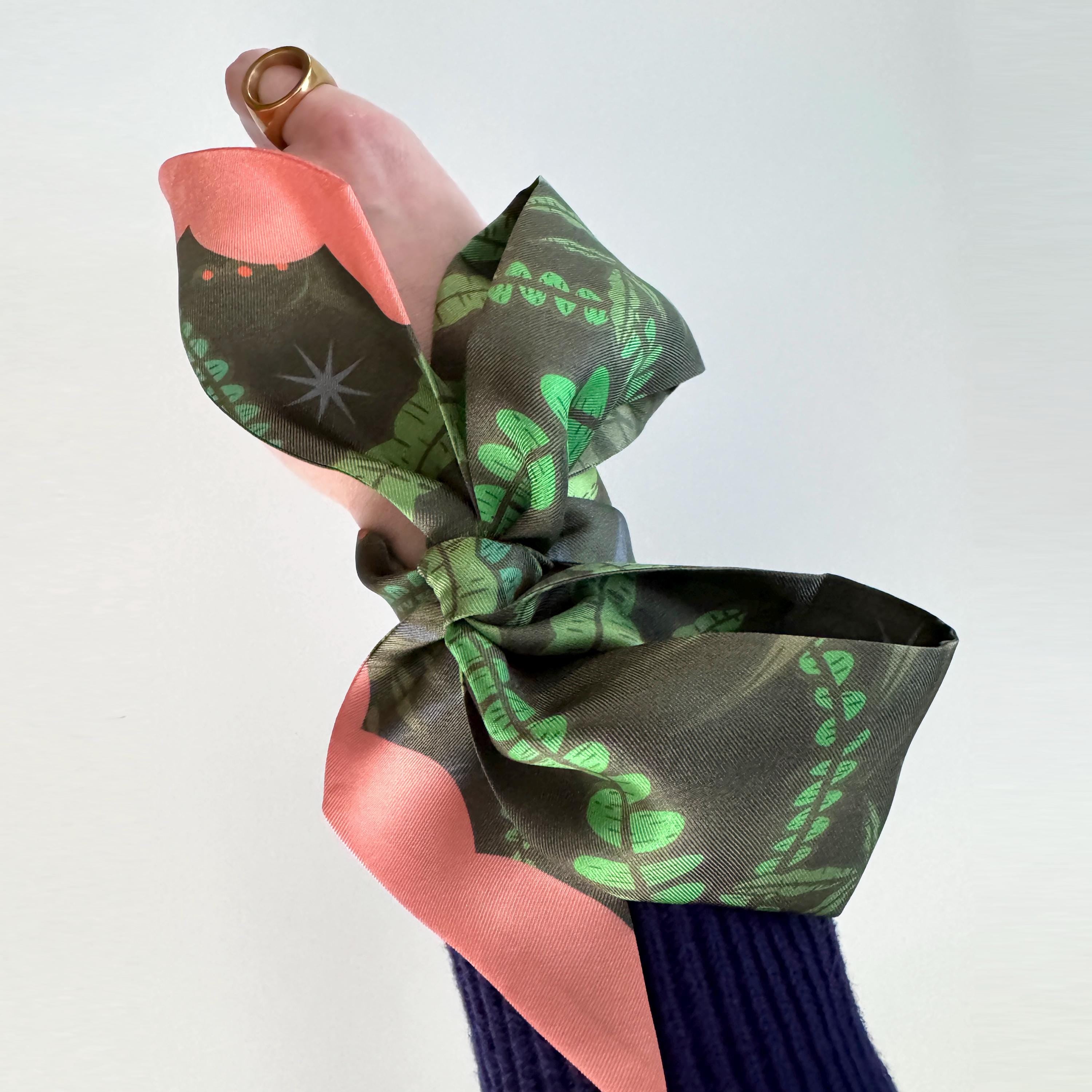 SKINNY SILK SCARF | Gentle Fern - 100% Silk, Versatile Floral Scarf and Bow Accessory