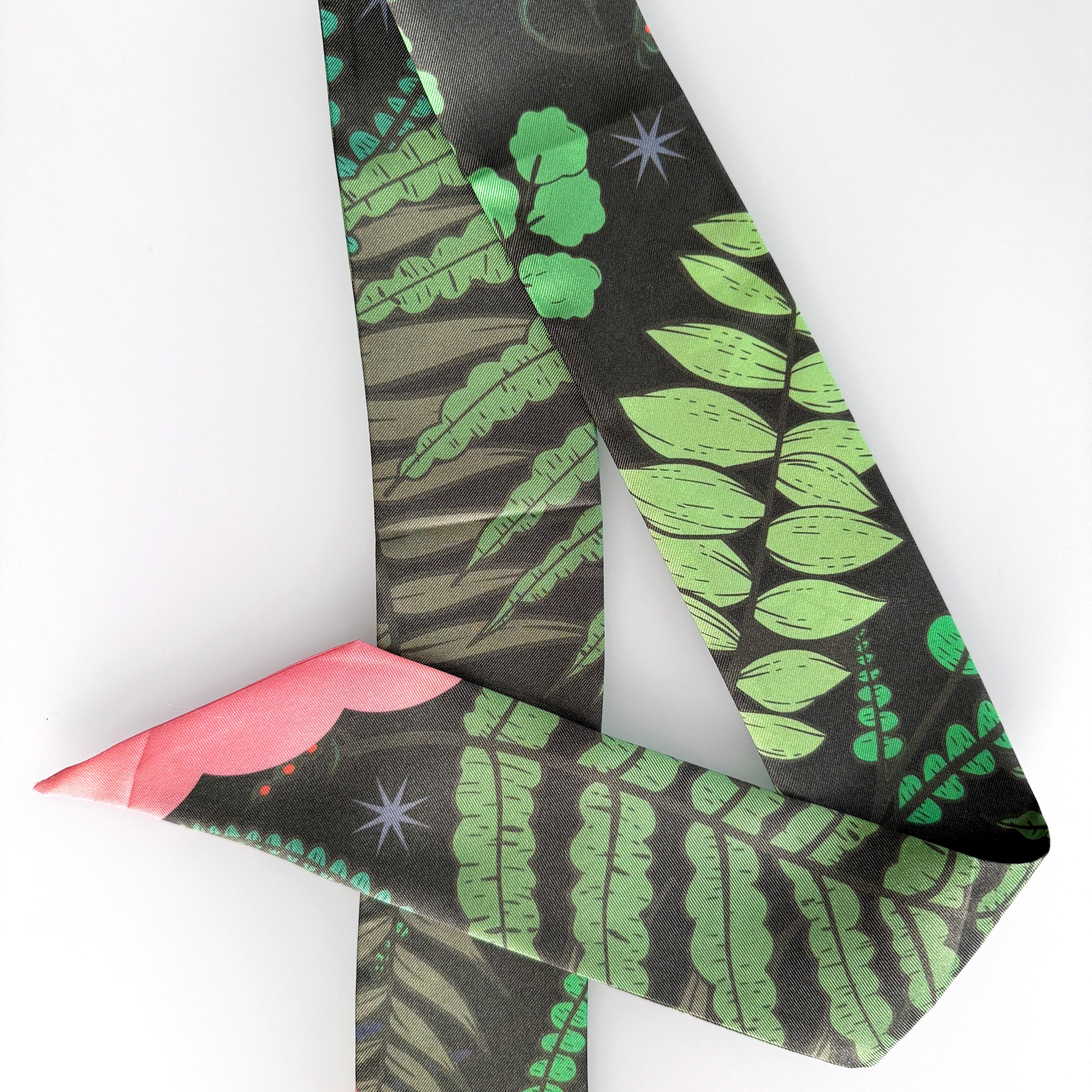 SKINNY SILK SCARF | Gentle Fern - 100% Silk, Versatile Floral Scarf and Bow Accessory