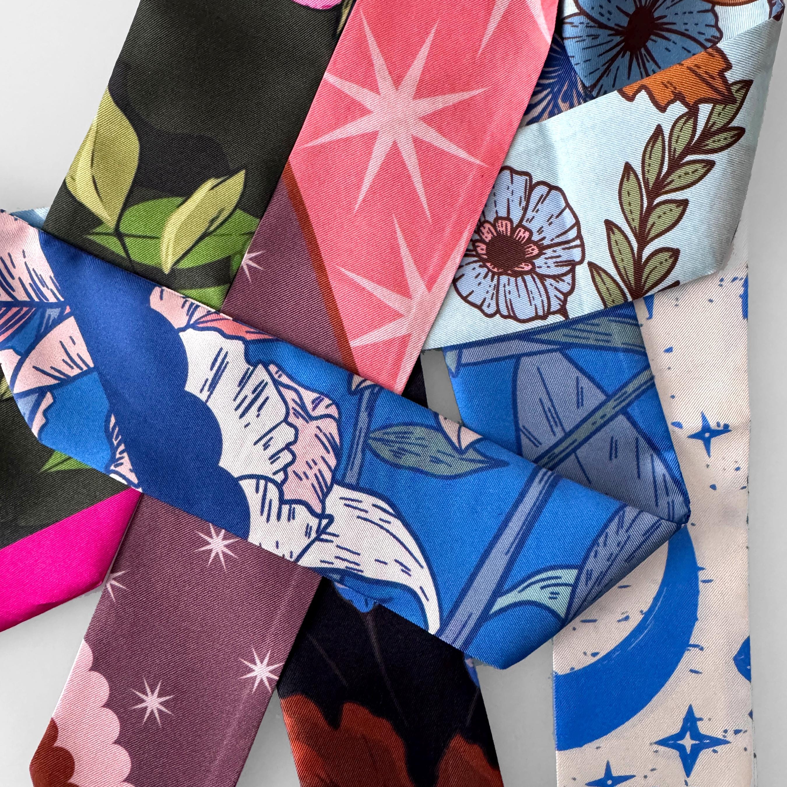 SKINNY SILK SCARF | Lunar Blossom - 100% Silk, Versatile Floral Scarf and Bow Accessory