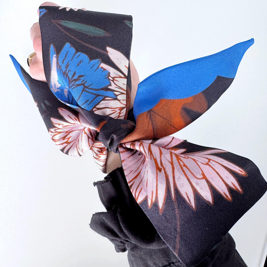SKINNY SILK SCARF | Midnight Wildflower Garden - 100% Silk, Versatile Floral Scarf and Bow Accessory