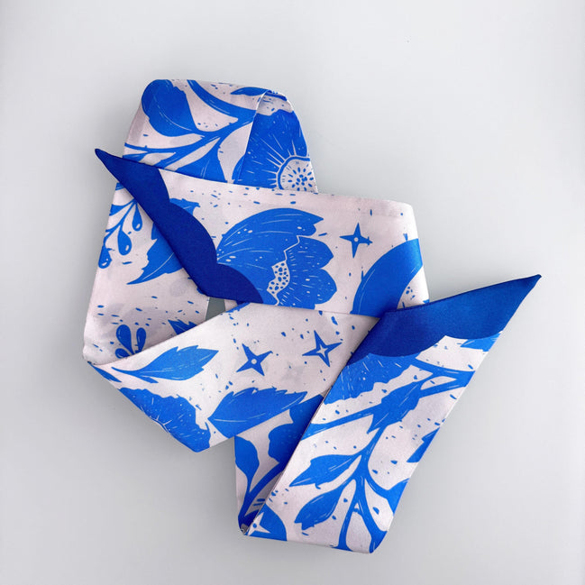 SKINNY SILK SCARF | Moonlit Blooms - 100% Silk, Versatile Floral Scarf and Bow Accessory