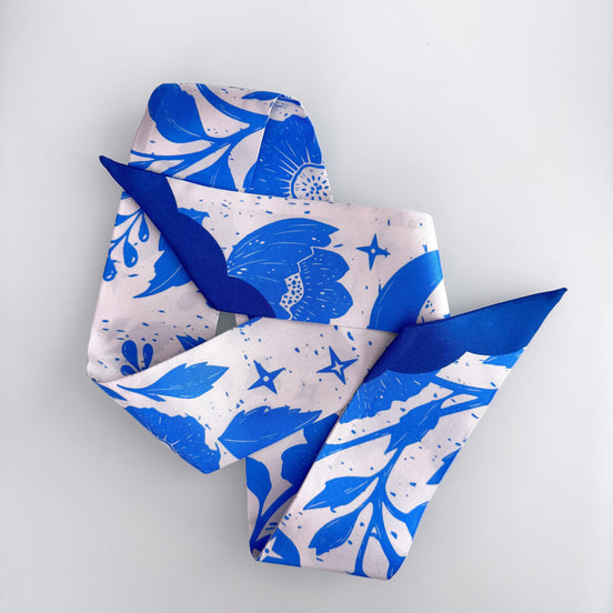 SKINNY SILK SCARF | Moonlit Blooms - 100% Silk, Versatile Floral Scarf and Bow Accessory