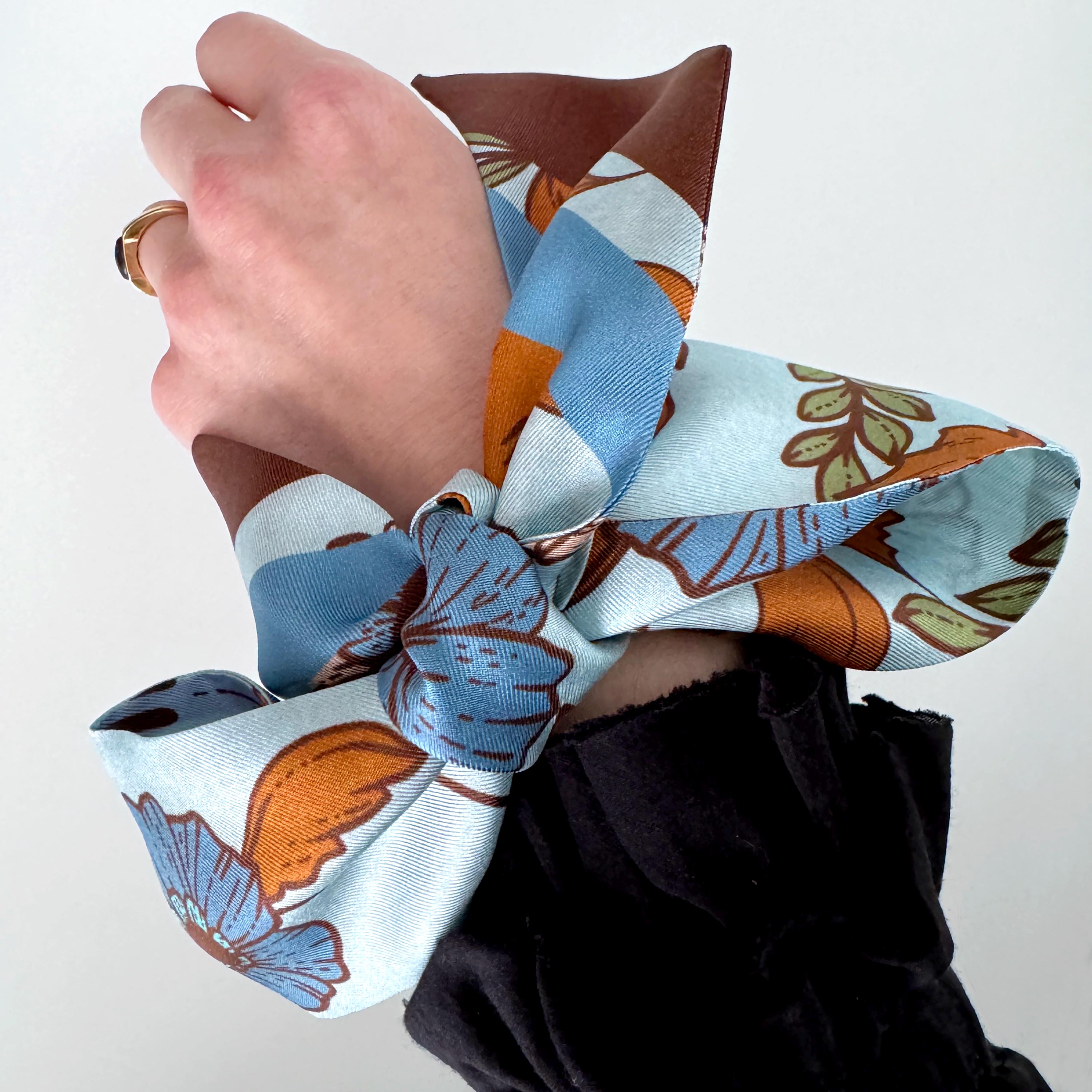 SKINNY SILK SCARF | Bluewood Blooms - 100% Silk, Versatile Floral Scarf and Bow Accessory