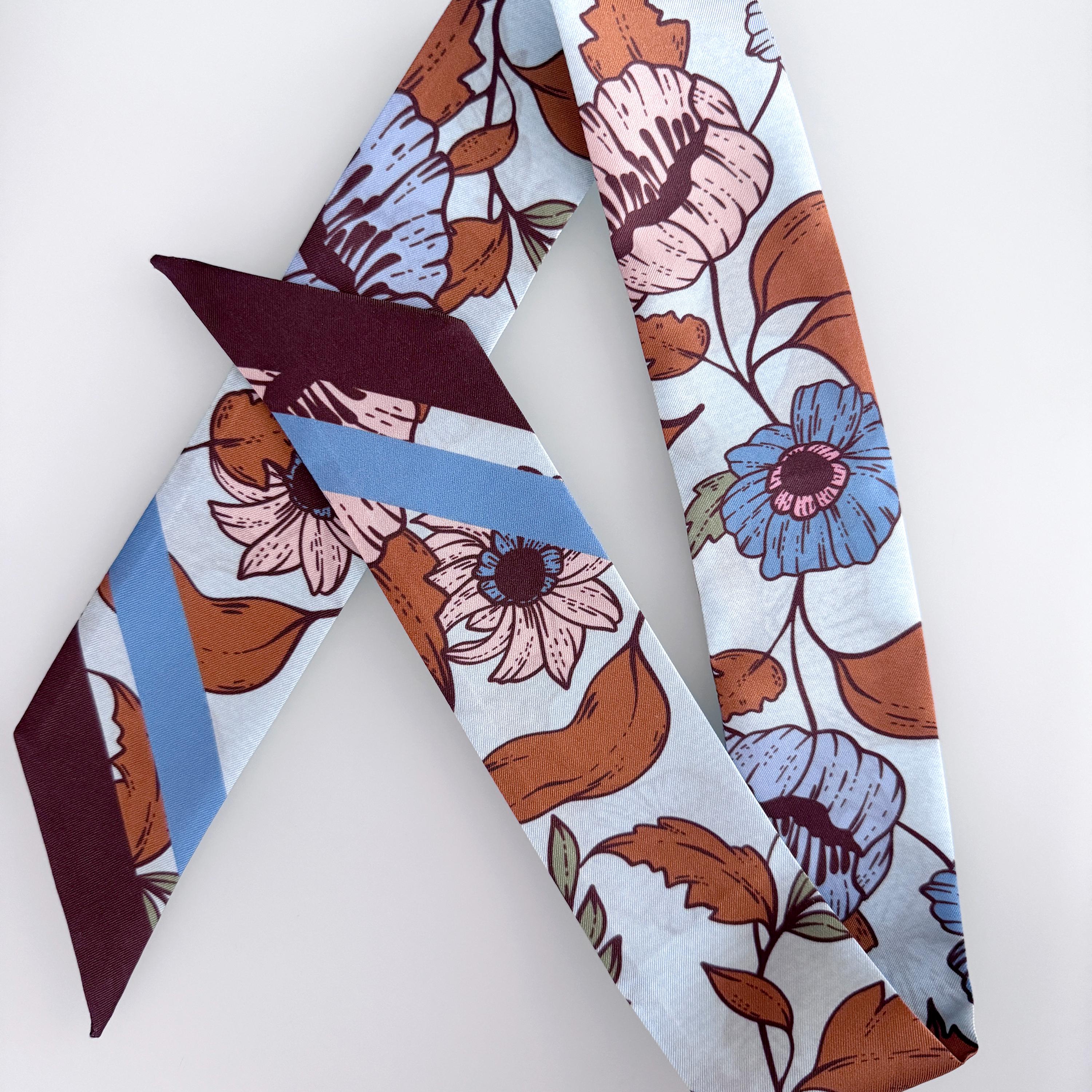 SKINNY SILK SCARF | Bluewood Blooms - 100% Silk, Versatile Floral Scarf and Bow Accessory