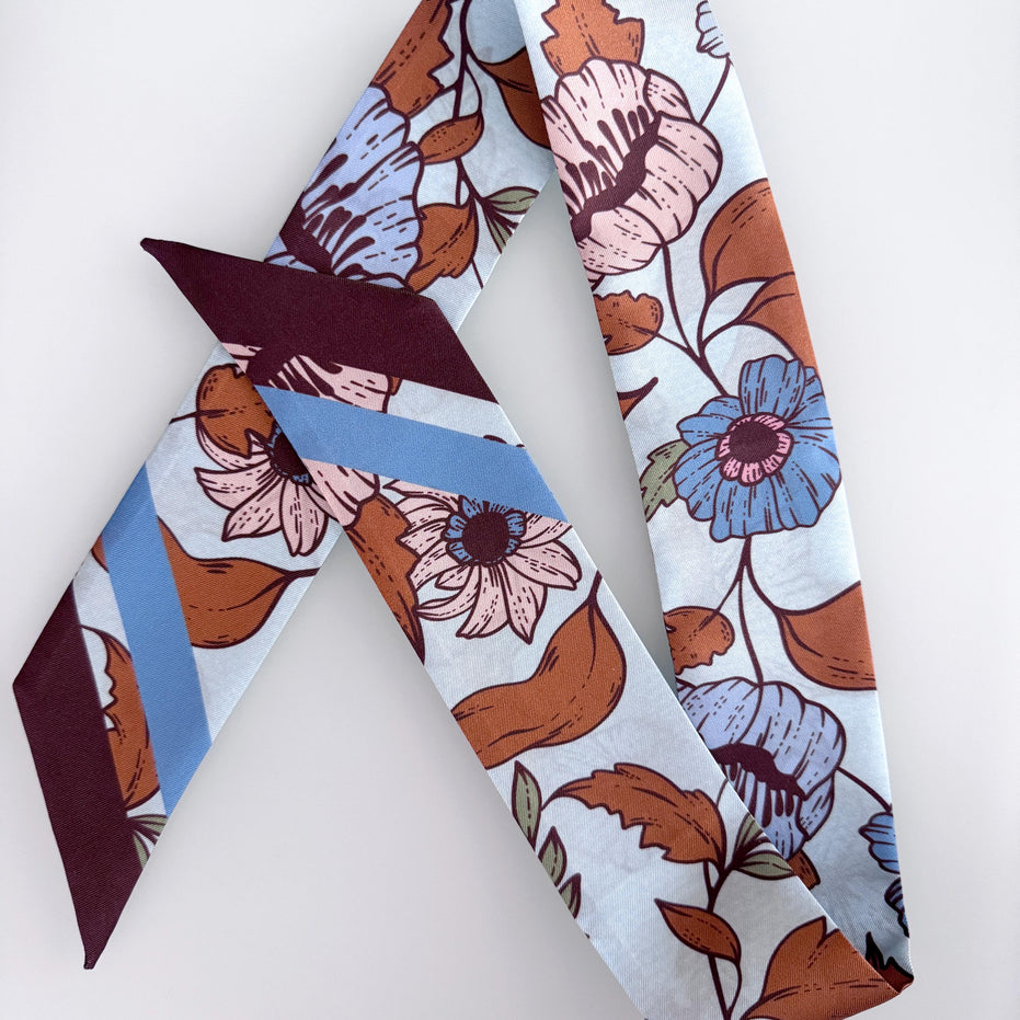 SKINNY SILK SCARF | Bluewood Blooms - 100% Silk, Versatile Floral Scarf and Bow Accessory
