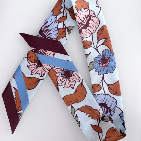 SKINNY SILK SCARF | Bluewood Blooms - 100% Silk, Versatile Floral Scarf and Bow Accessory