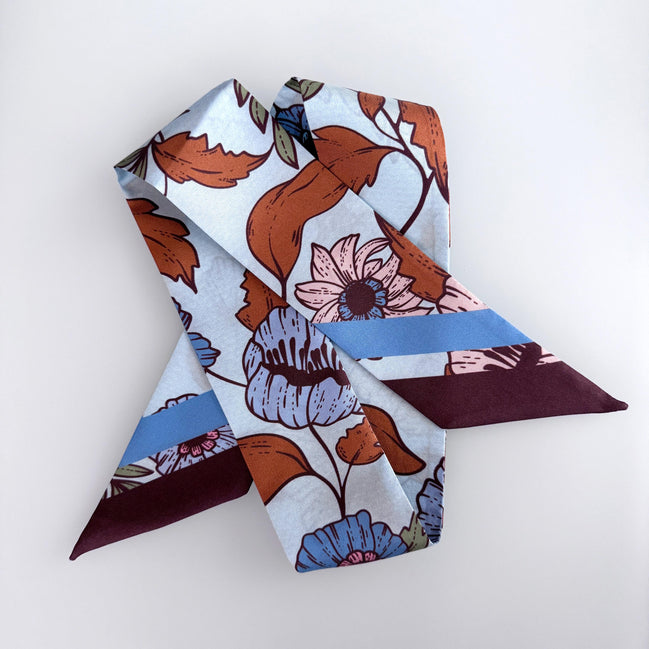 SKINNY SILK SCARF | Bluewood Blooms - 100% Silk, Versatile Floral Scarf and Bow Accessory