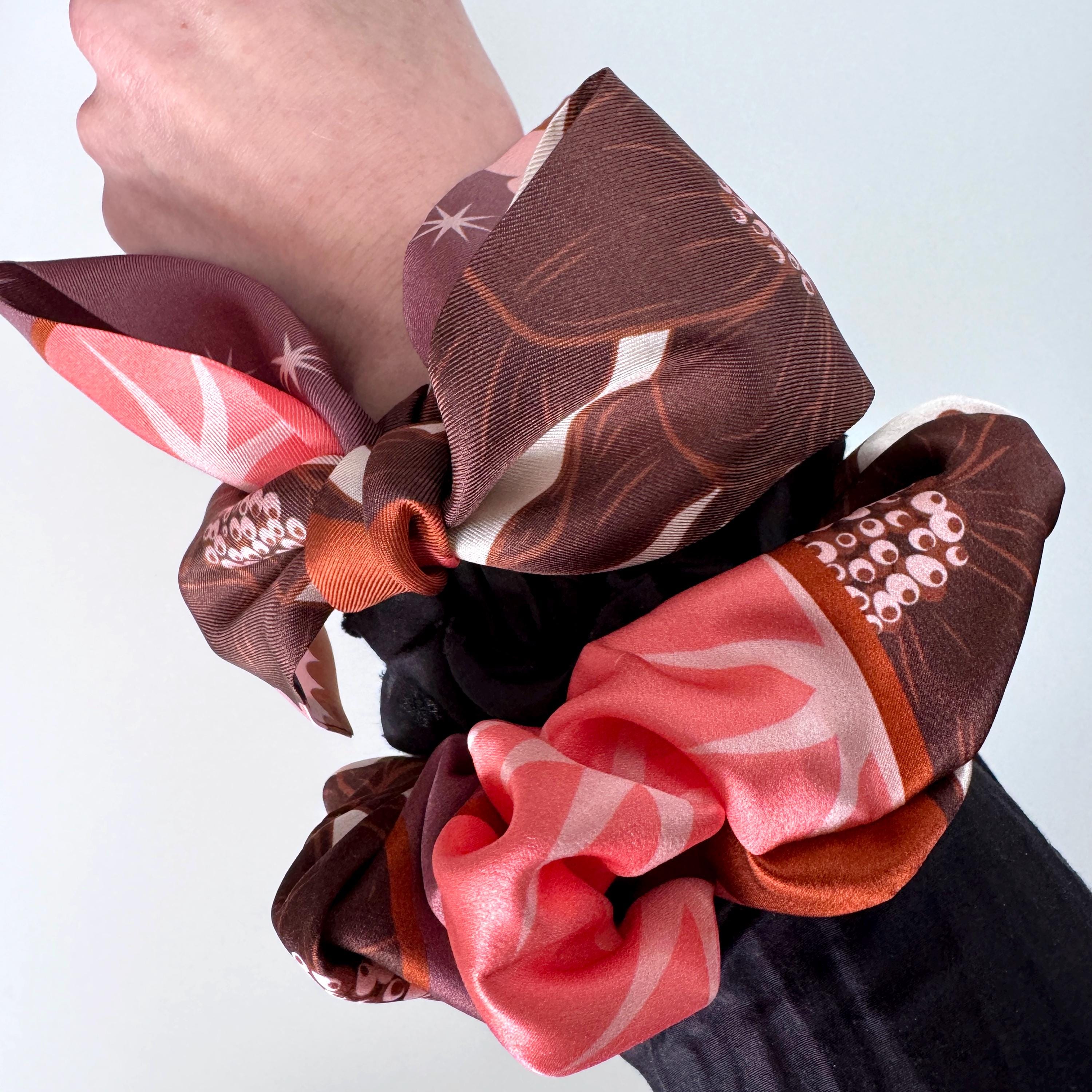 SKINNY SILK SCARF | Lunar Blossom - 100% Silk, Versatile Floral Scarf and Bow Accessory