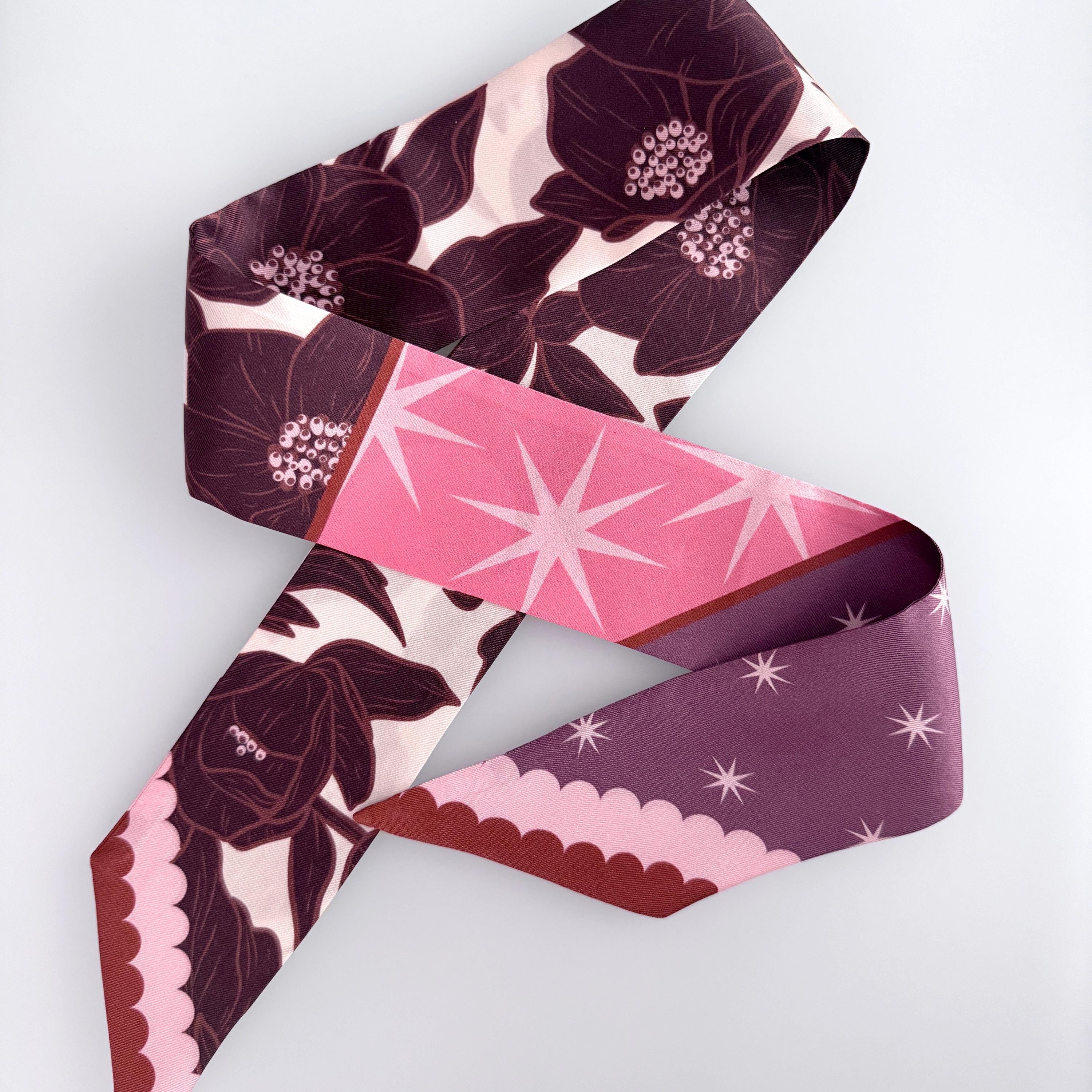 SKINNY SILK SCARF | Lunar Blossom - 100% Silk, Versatile Floral Scarf and Bow Accessory