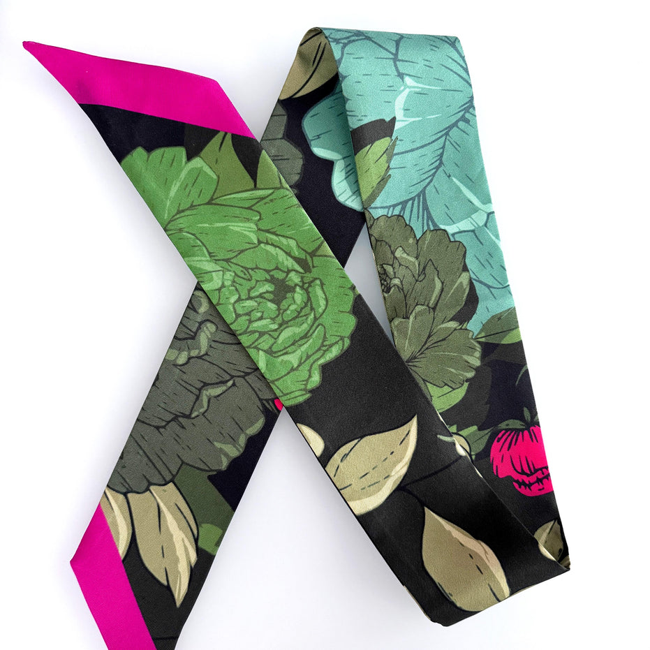 SKINNY SILK SCARF | Secret Peony Garden - 100% Silk, Versatile Floral Scarf and Bow Accessory