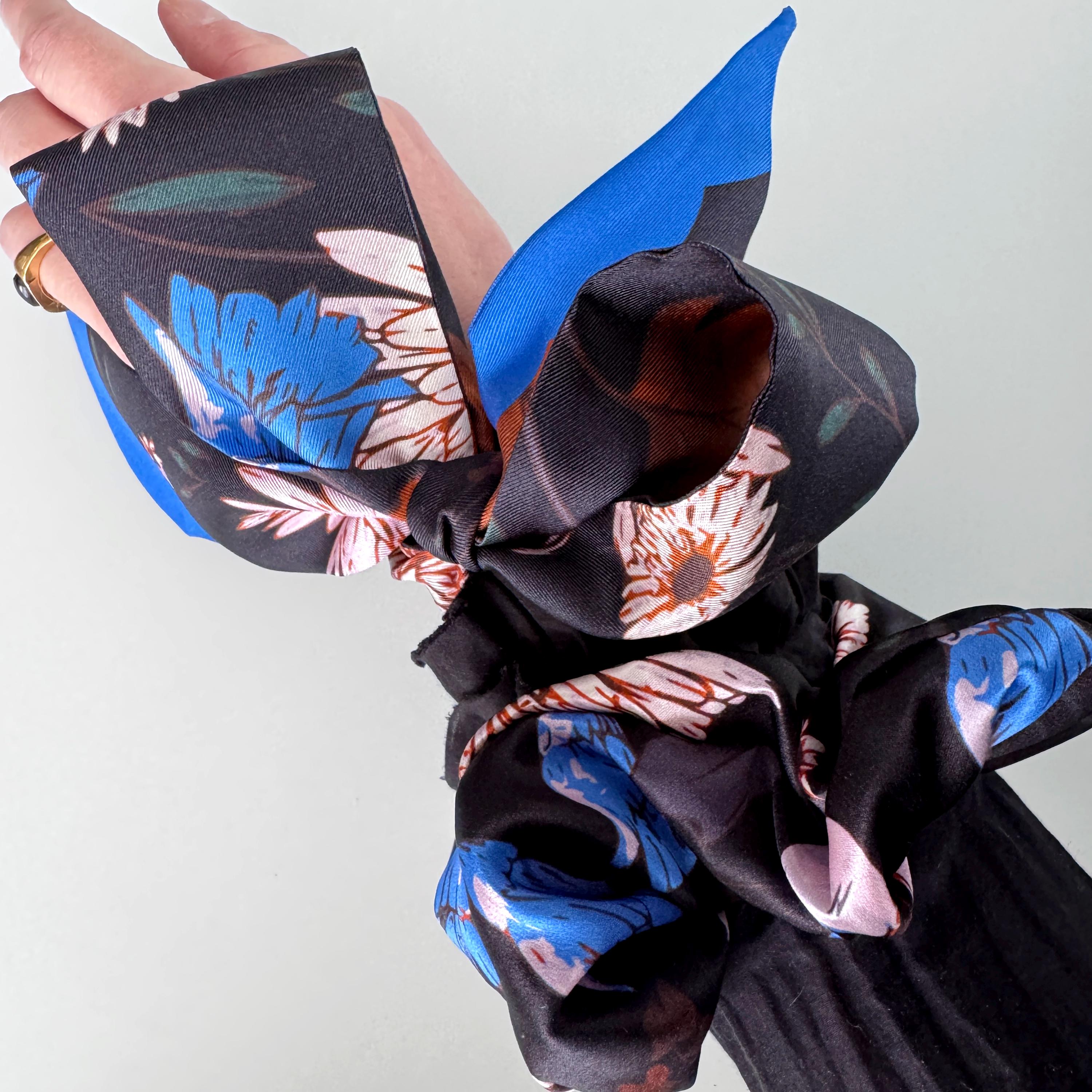 SKINNY SILK SCARF | Midnight Wildflower Garden - 100% Silk, Versatile Floral Scarf and Bow Accessory