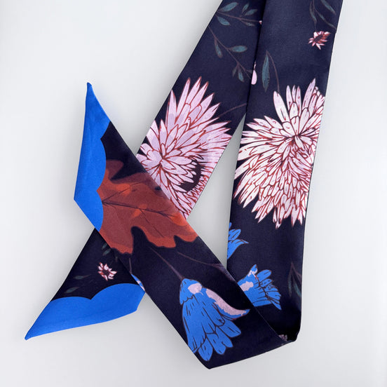 SKINNY SILK SCARF | Midnight Wildflower Garden - 100% Silk, Versatile Floral Scarf and Bow Accessory
