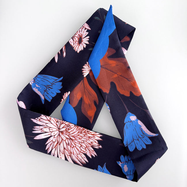 SKINNY SILK SCARF | Midnight Wildflower Garden - 100% Silk, Versatile Floral Scarf and Bow Accessory