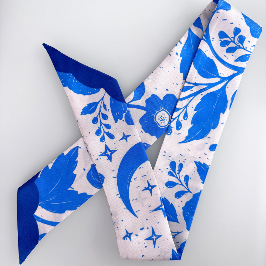 SKINNY SILK SCARF | Moonlit Blooms - 100% Silk, Versatile Floral Scarf and Bow Accessory